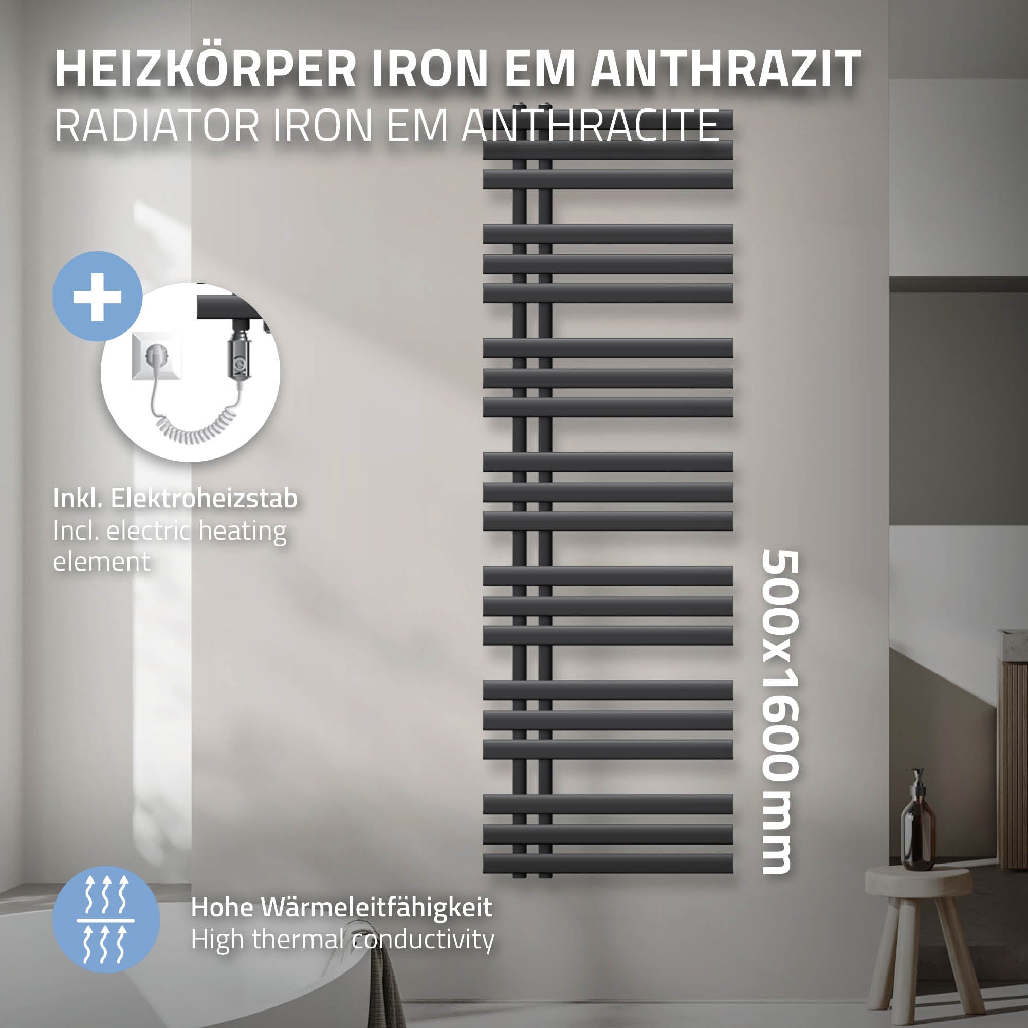 ECD Germany Iron EM sèche-serviettes 500x1600 anthracite 1200W