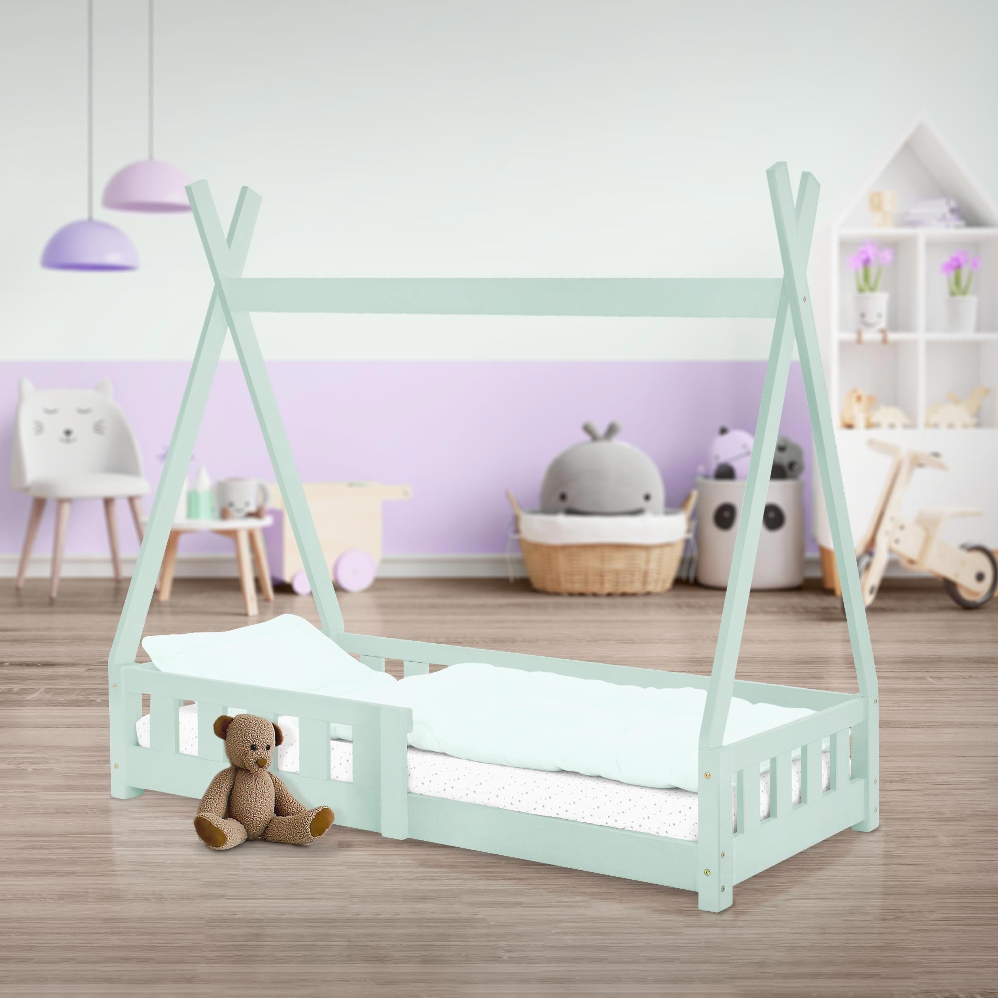 ECD Germany Kinder Lit cabane tipi pin menthe 70x140 cm + sommier