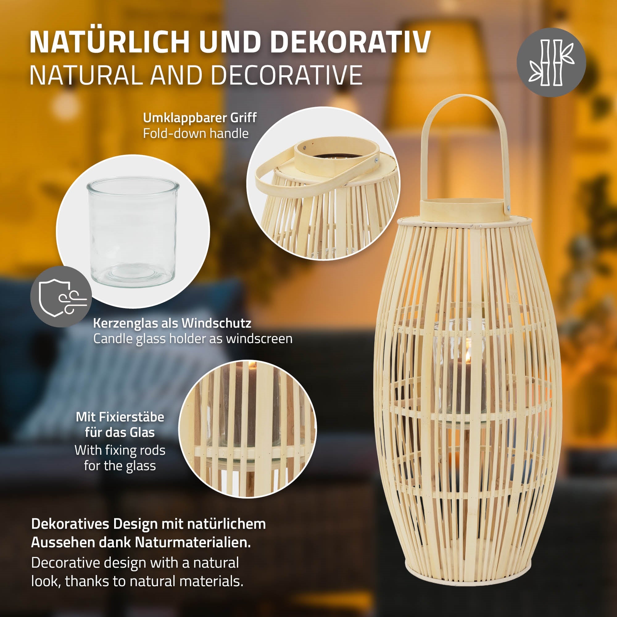 ECD Germany lanterne bambou ovale verre anse nature/gris