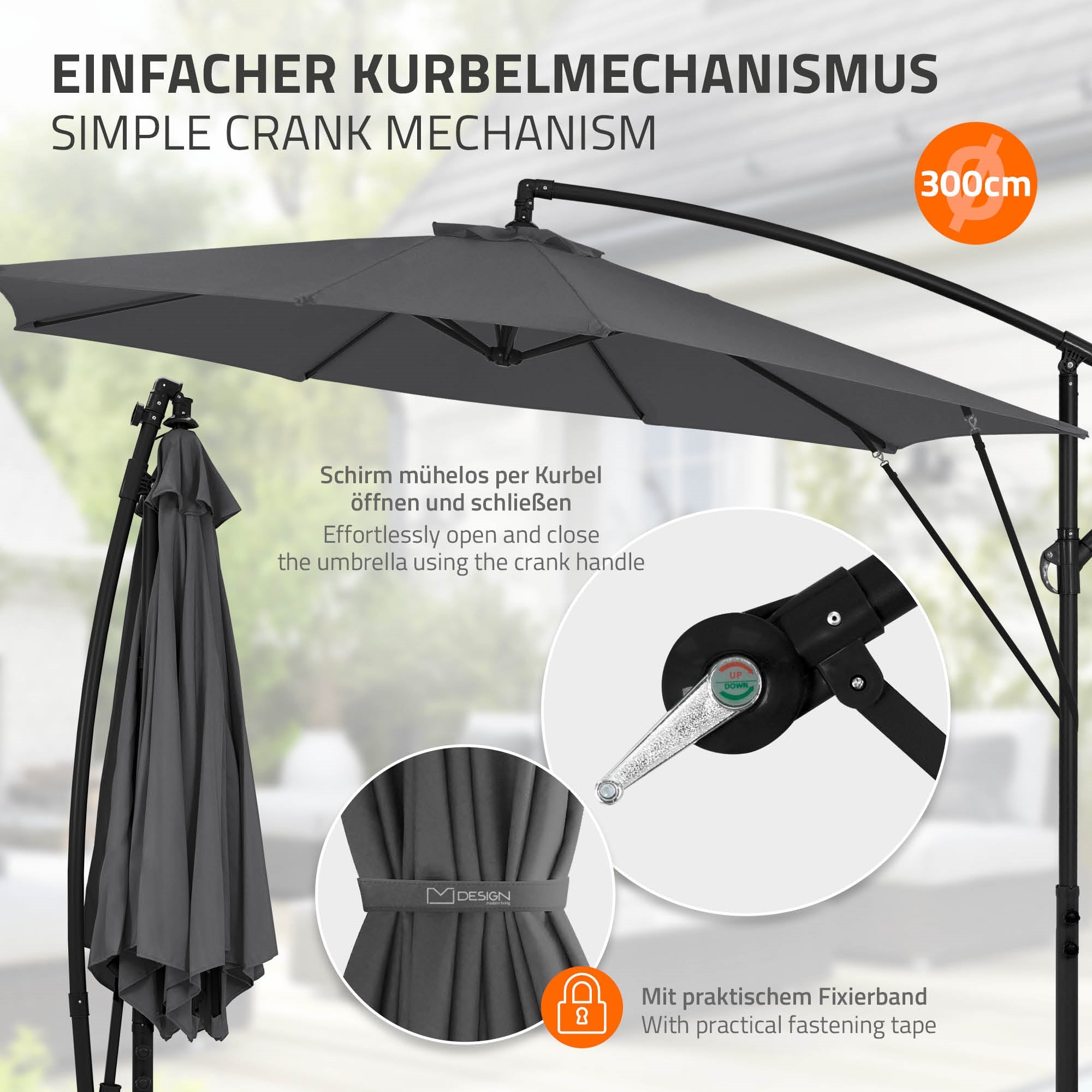 ML-Design parasol déporté rond Ø300 beige alu manivelle 360°