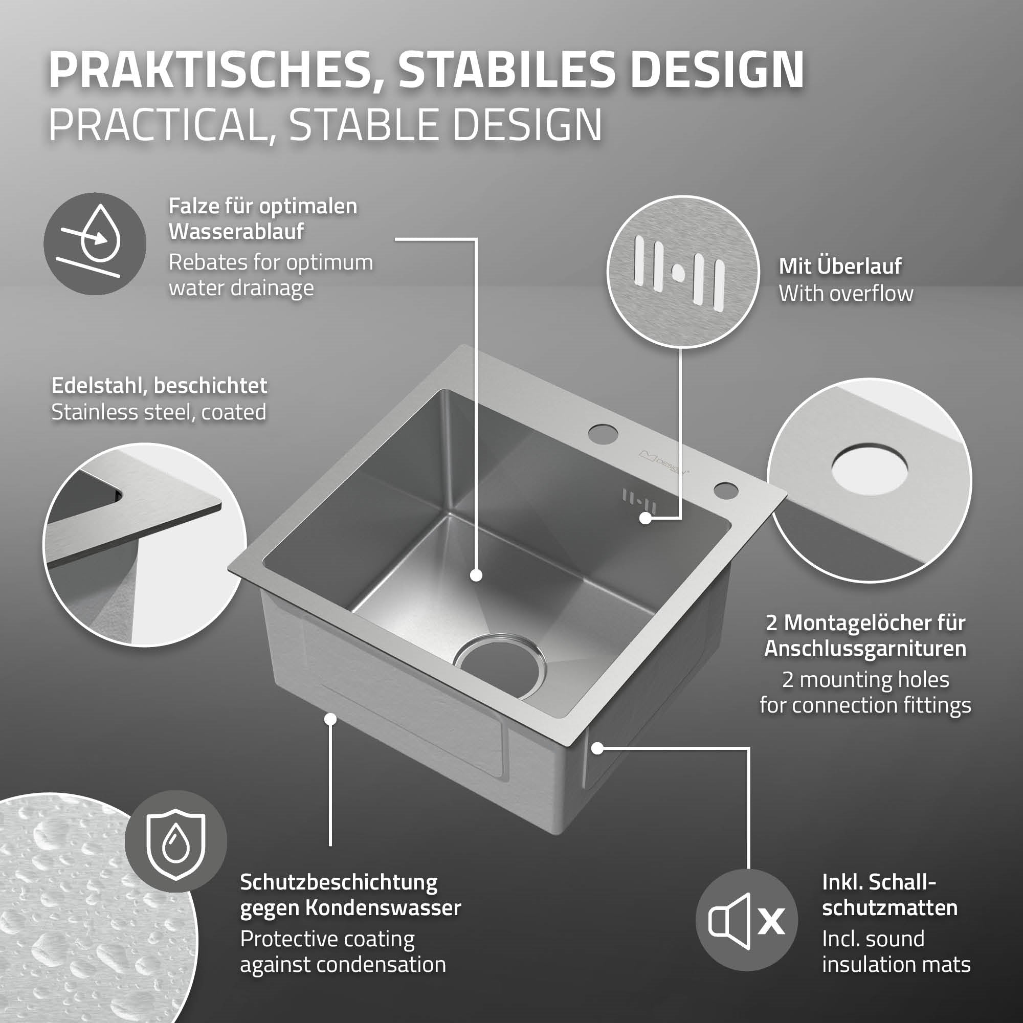 ECD Germany Sanitär évier inox 45x45 cm argent simple bac