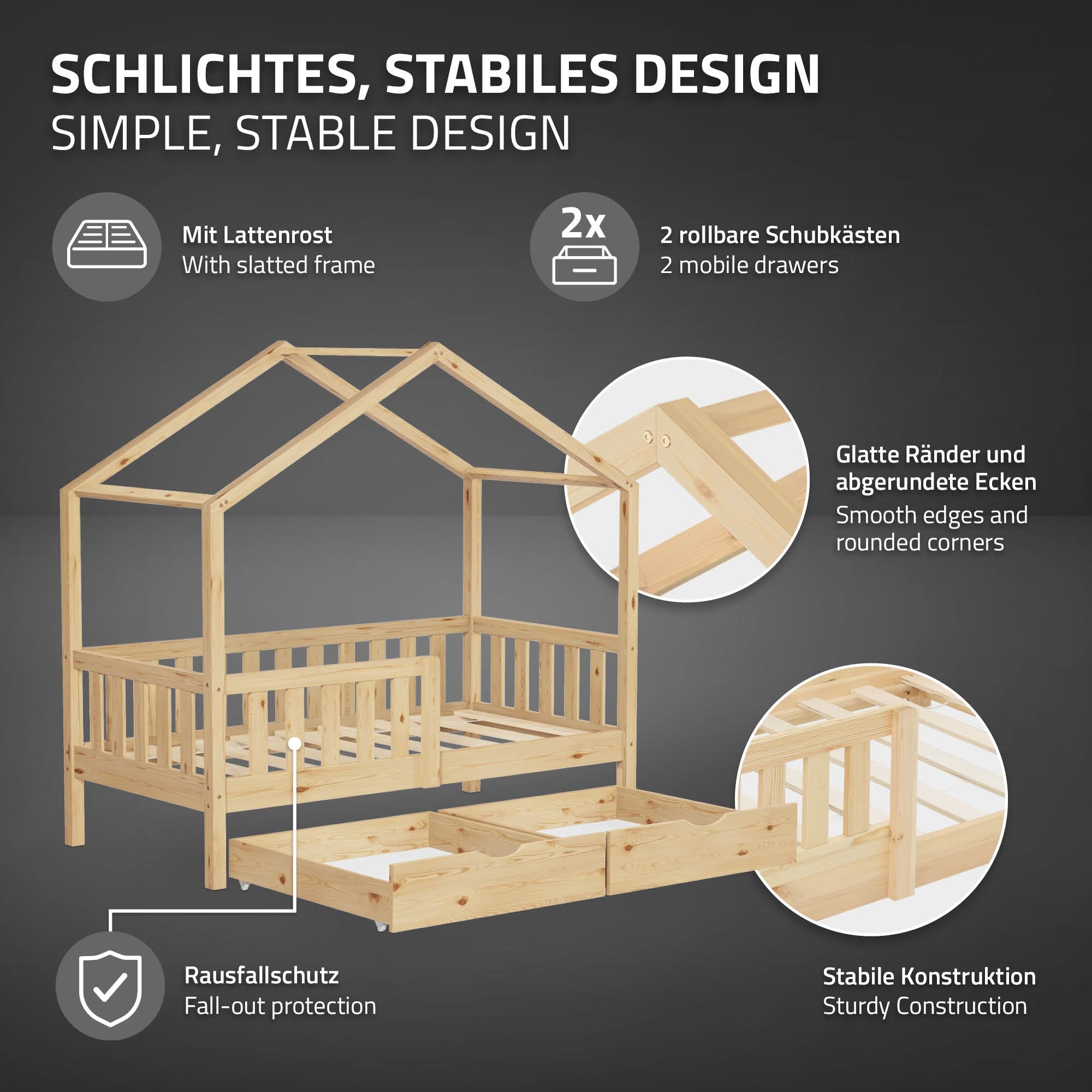 ECD Germany ML-Design lit cabane 70x140 naturel 2 tiroirs