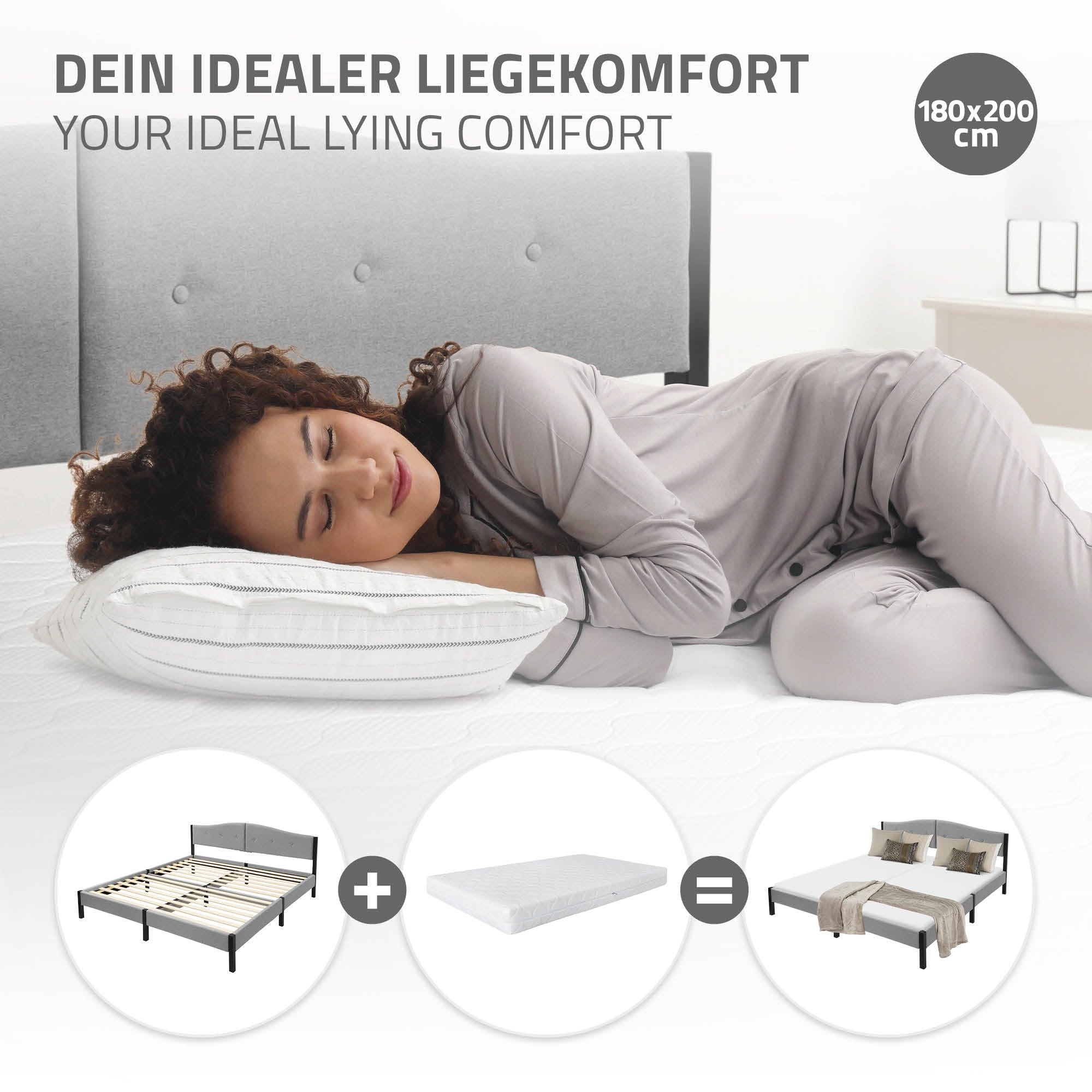 ECD Germany ML-Design lit capitonné gris 180x200 sans matelas