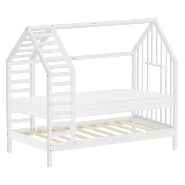 ECD Germany Kinder lit cabane 80x160 blanc avec matelas pin