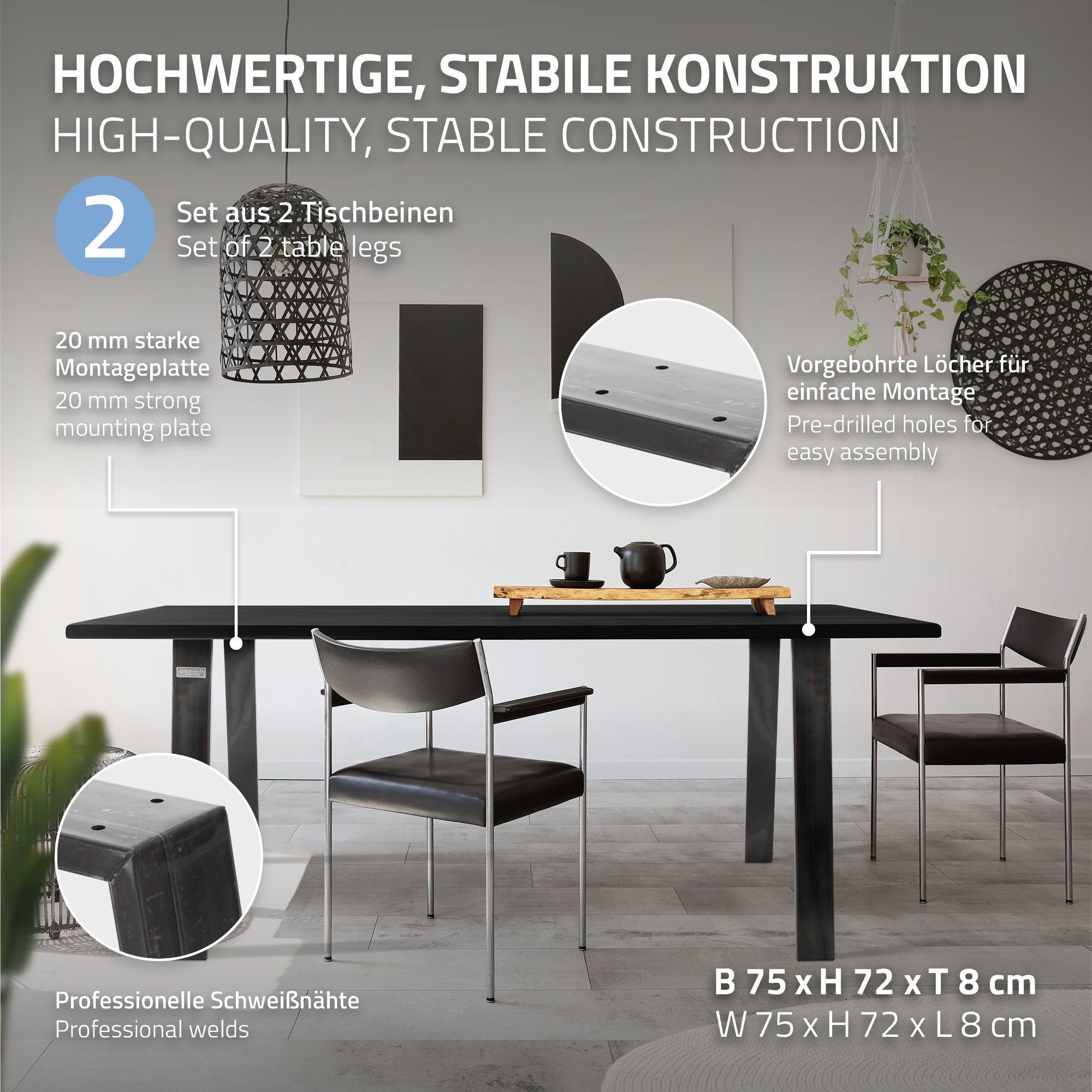 ECD Germany Möbel pied de table loft 75x72 cm acier industriel lot de 2