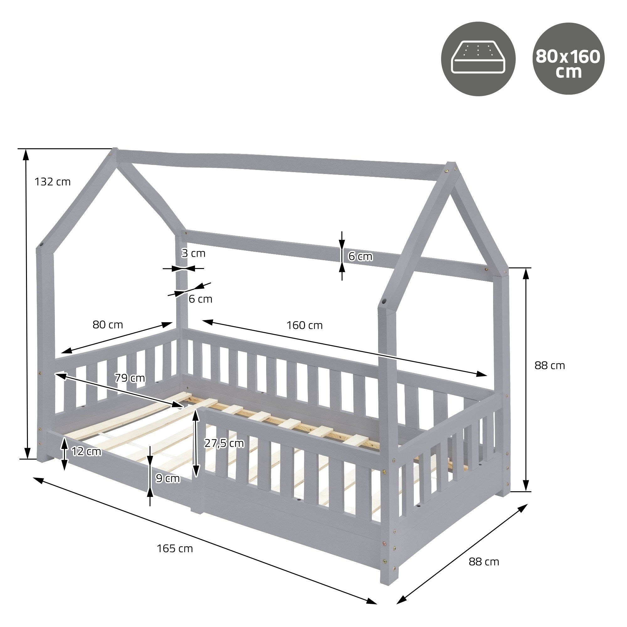 ECD Germany Kinder lit cabane enfant 80x160 gris clair pin B-Ware