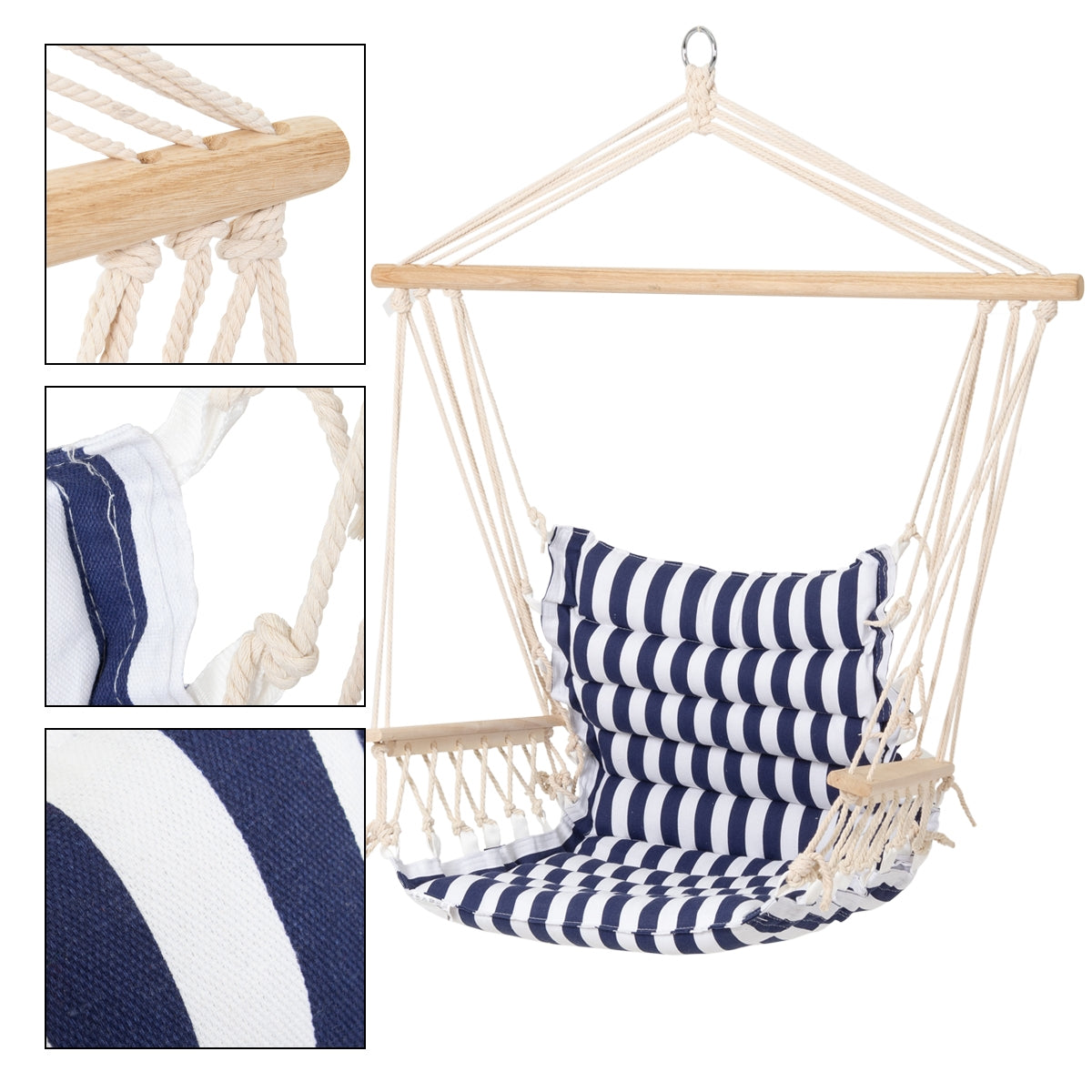 ECD Germany Fauteuil suspendu coton bleu/blanc avec support