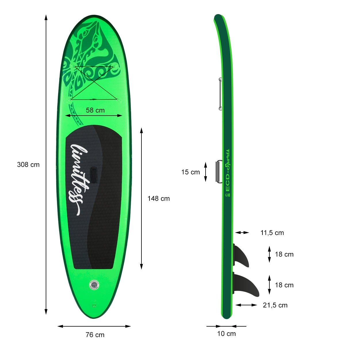 ECD Limitless 308x76x10 cm paddle gonflable vert PVC avec pompe