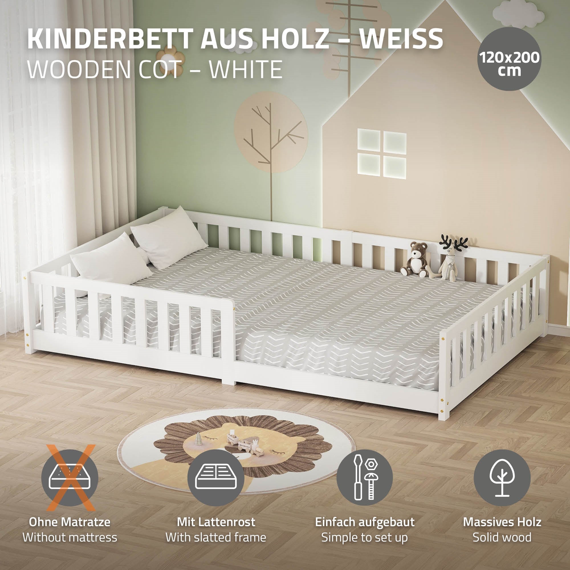 ECD Kinder Lit Enfant 120x200 Blanc Pin avec Sommier