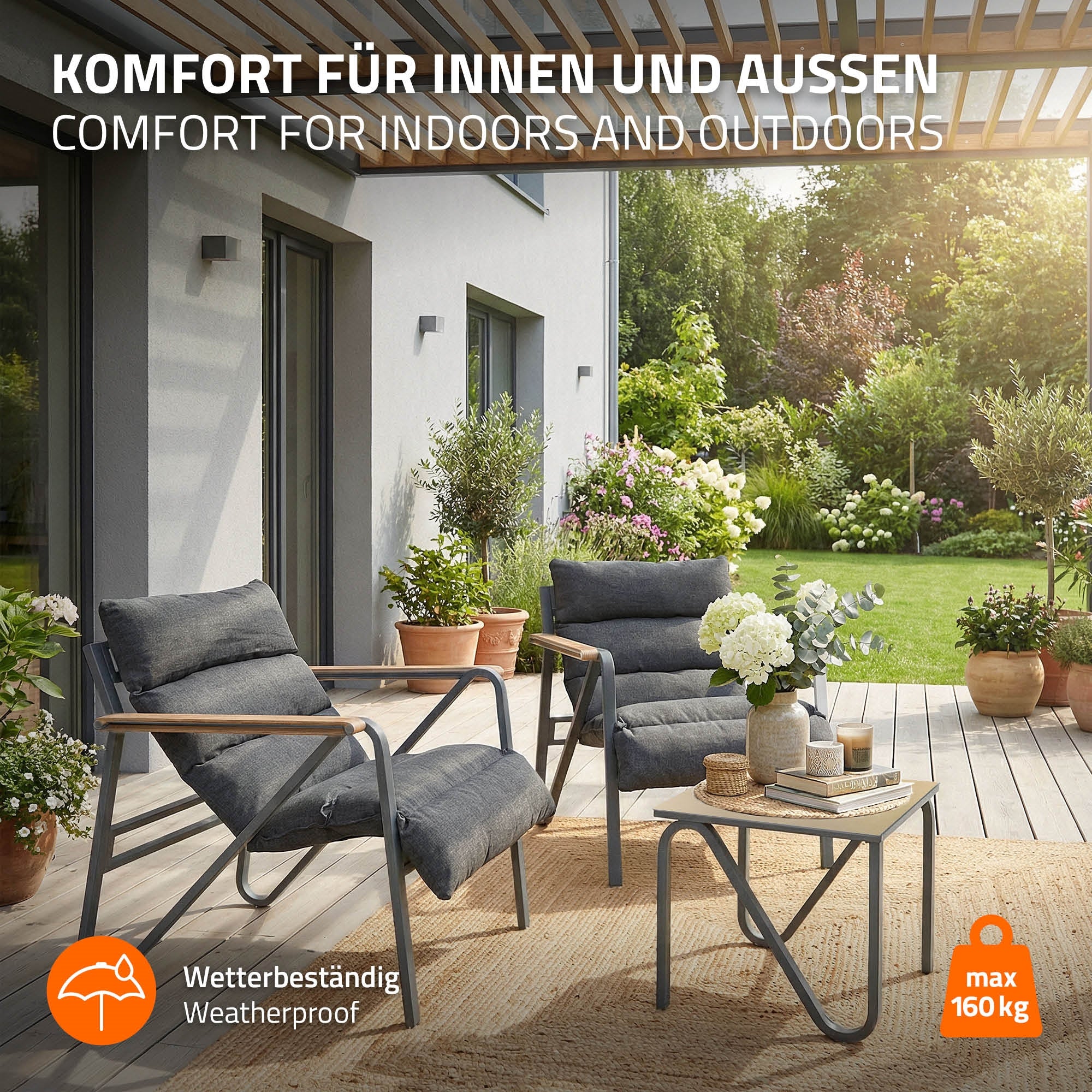 ML-Design salon de jardin 3 pièces anthracite acier coussins
