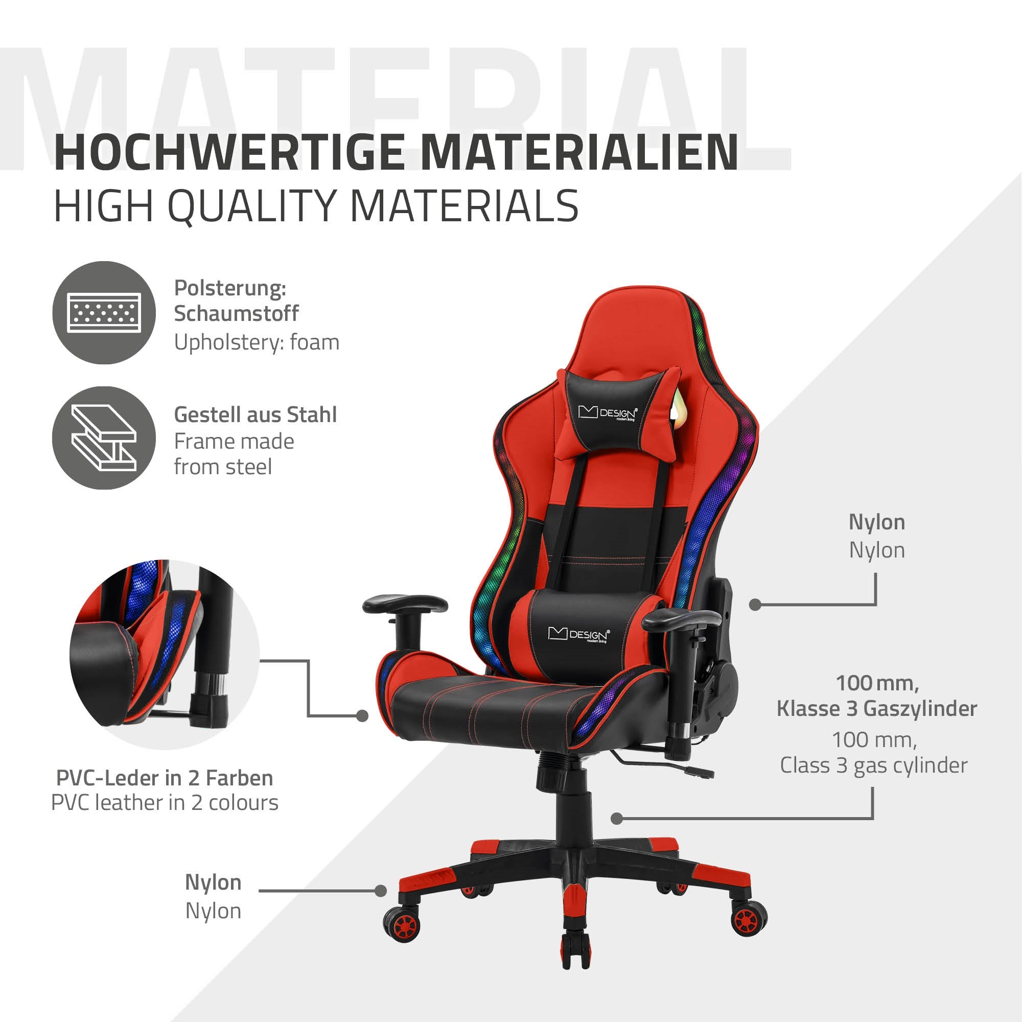 ML-Design chaise gaming similicuir noir rouge LED Bluetooth B-Ware