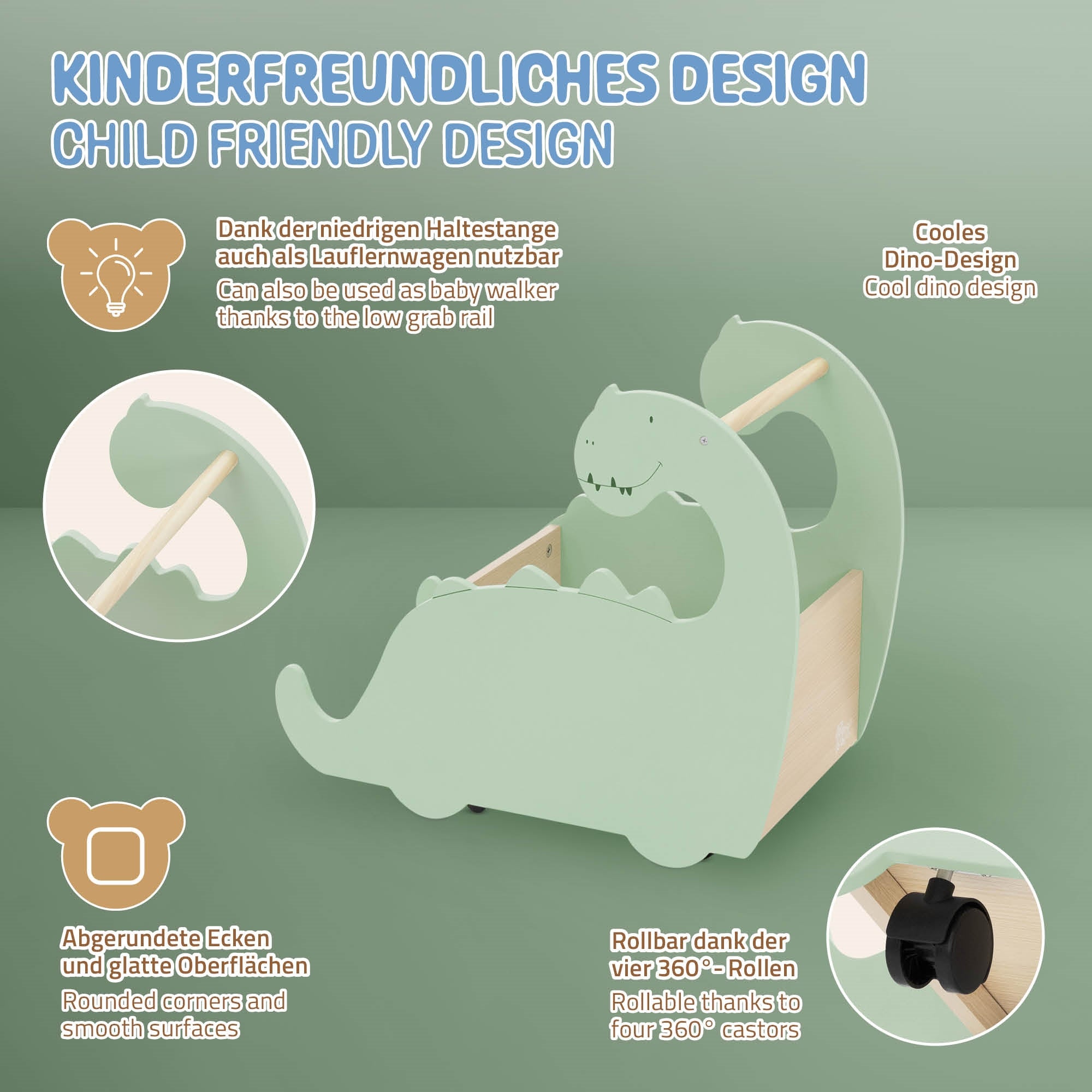 ECD Germany Kinder Coffre à jouets dino beige vert roulettes