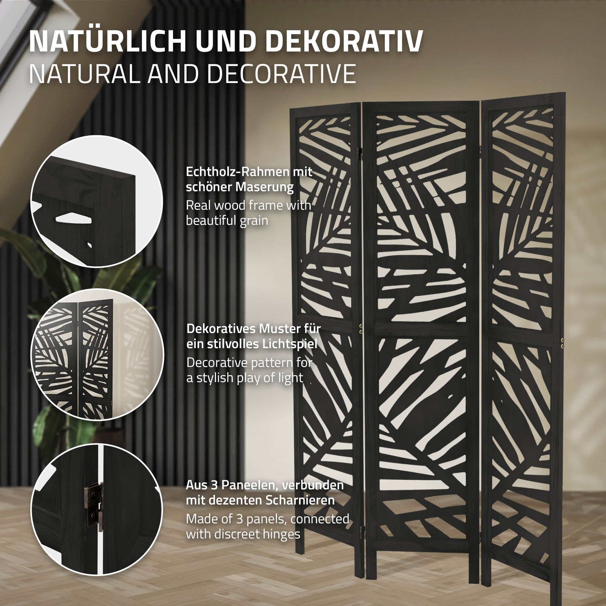 ECD Germany Kyoto paravent bois noir 3 volets 170x121 cm