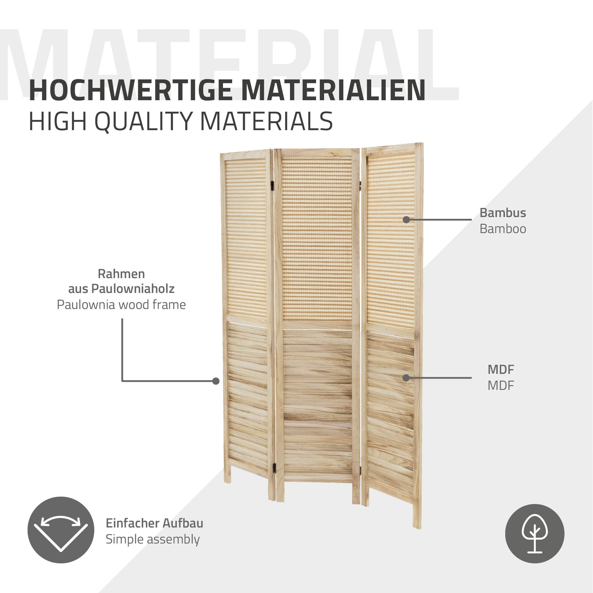 ECD Germany Möbel paravent bois 3 panneaux beige Osaka 170x121