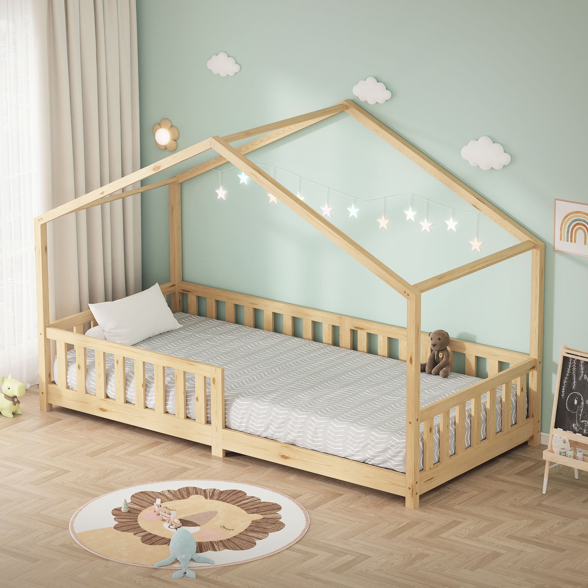 ECD Germany Kinder Lit cabane 90x200 cm nature pin avec sommier