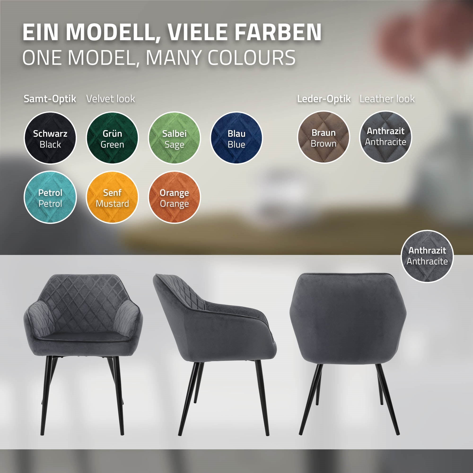 ECD Germany Möbel lot 4 chaises anthracite velours matelassé