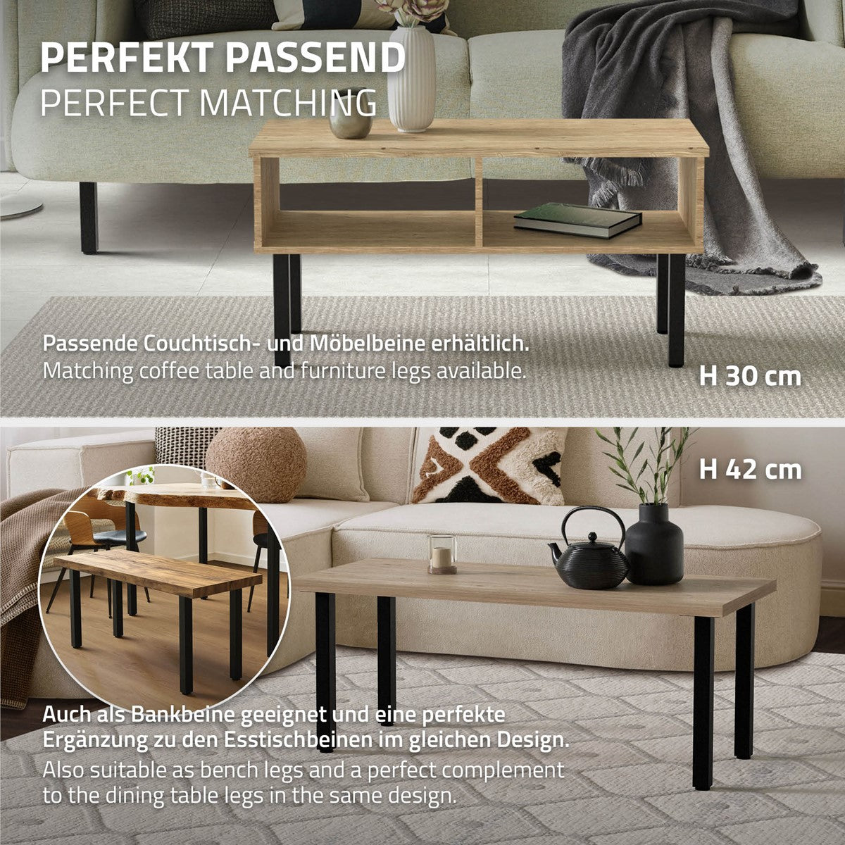 ML-Design pied de table acier noir 72 cm lot de 4 réglable