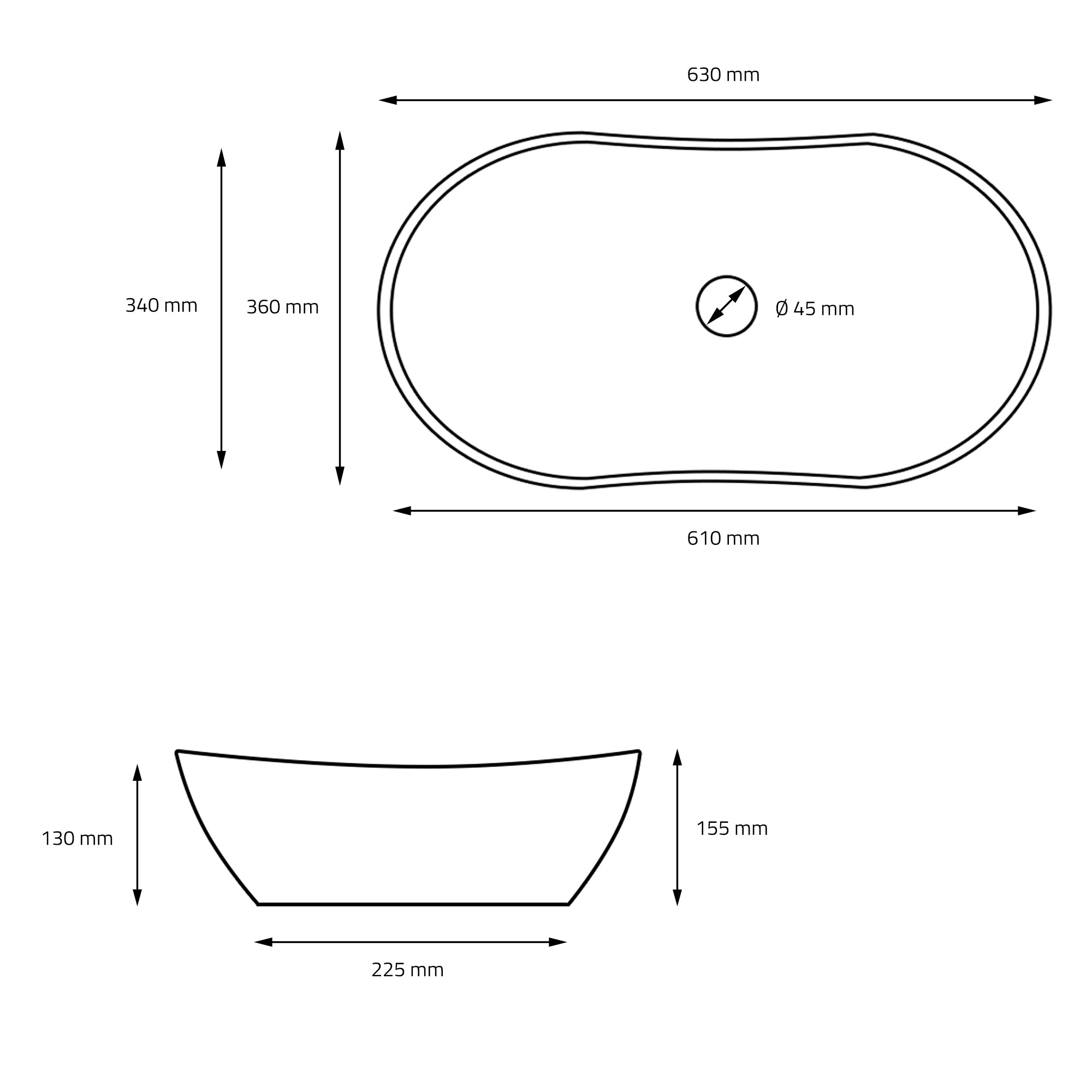 ECD Germany Sanitär LuxeBath vasque noir 63x36 + bonde chromé