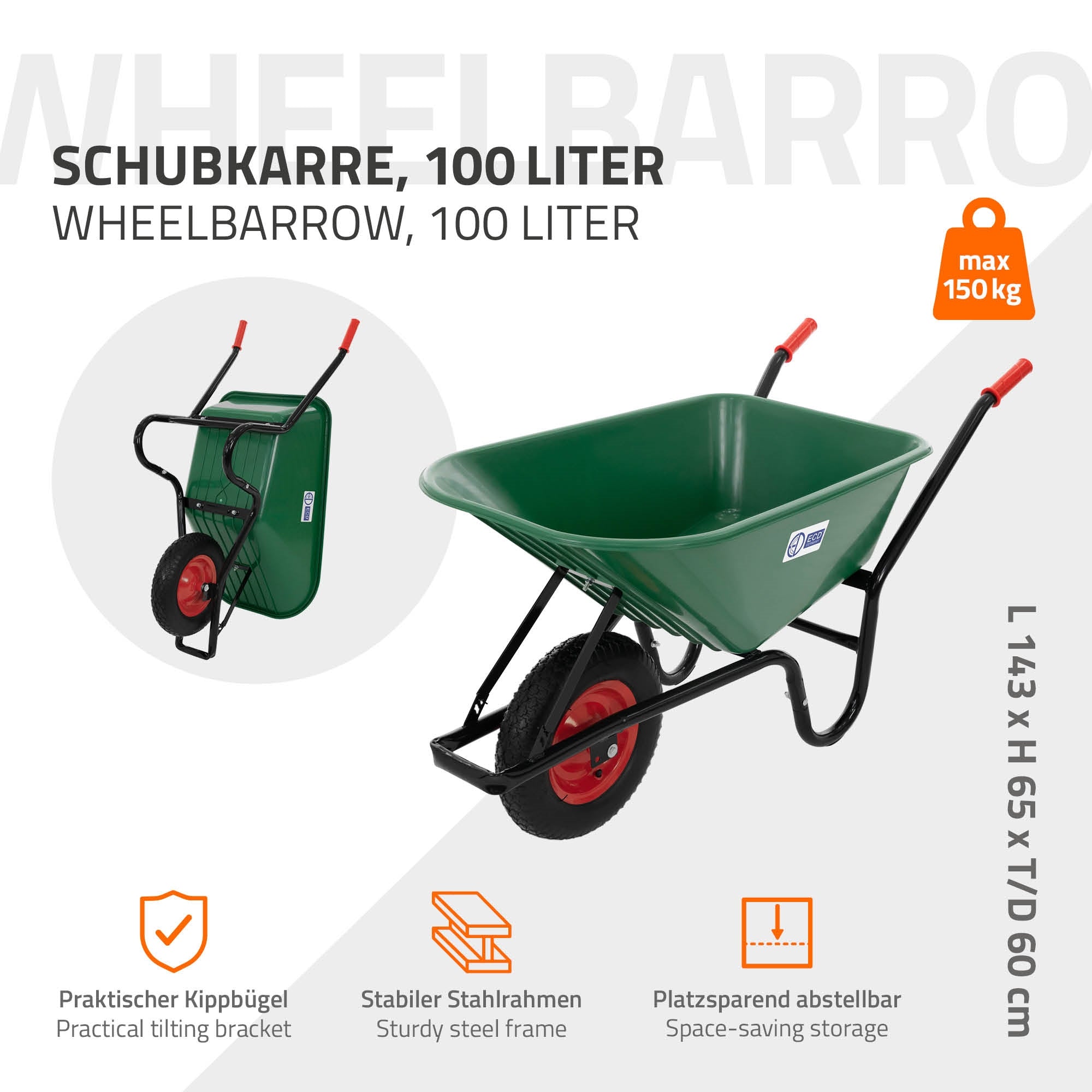 ECD Germany Garten Brouette 100L verte 150kg plastique