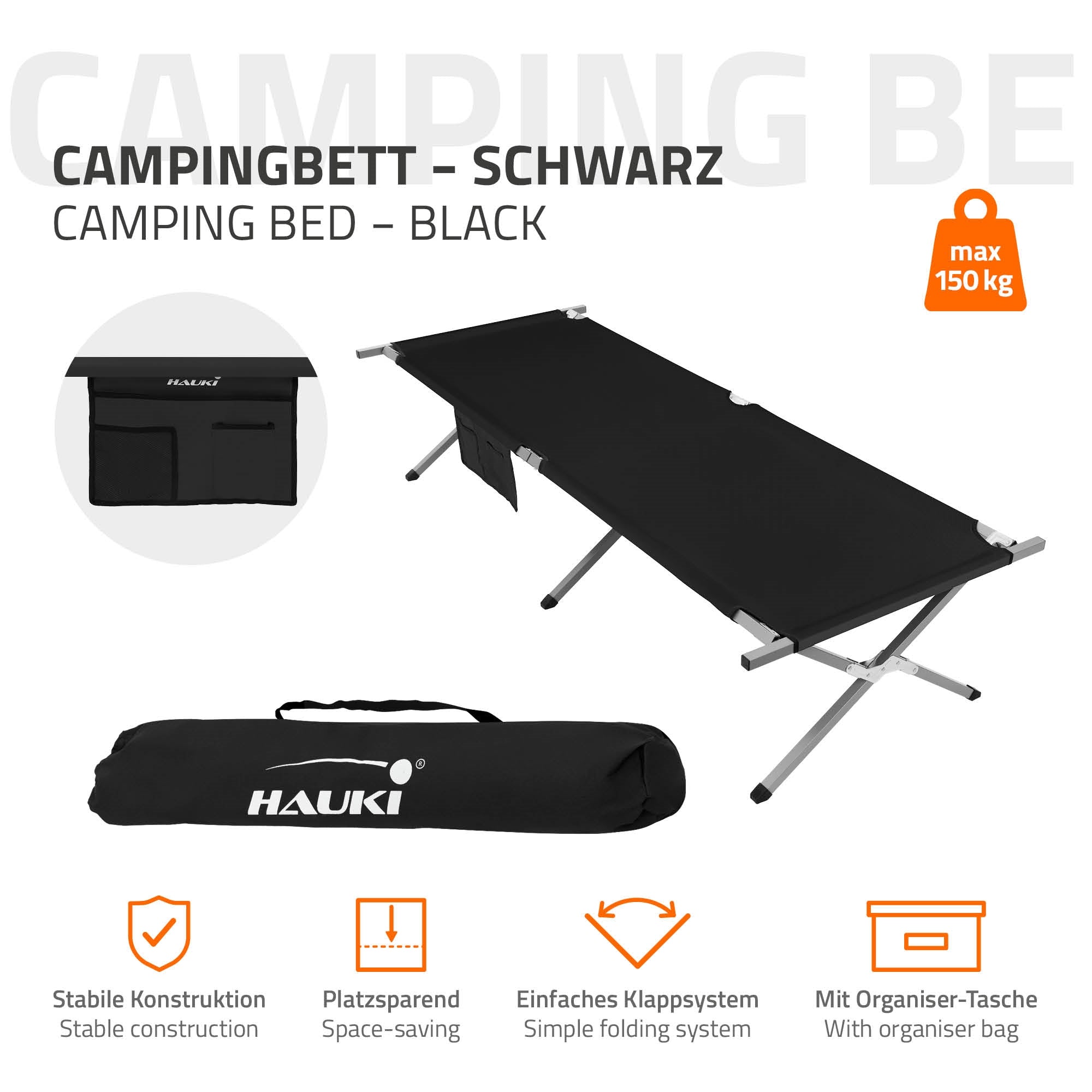 ECD Germany Hauki lit de camp pliant noir 210x83x46 cm 150 kg