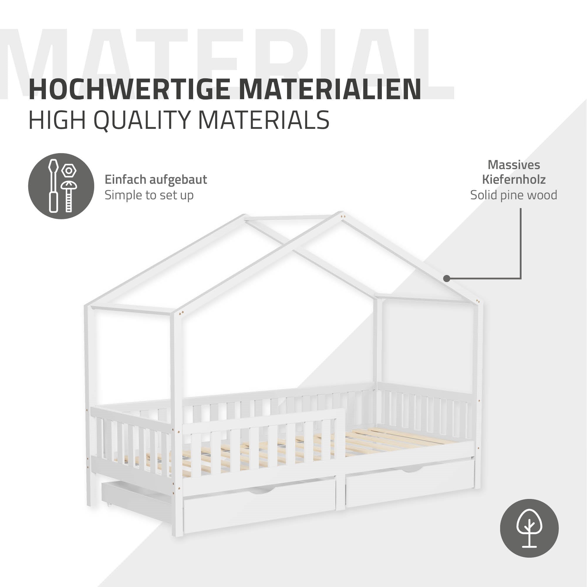 ECD Germany Kinder Lit cabane Blanc 90x200 + Matelas 16 cm
