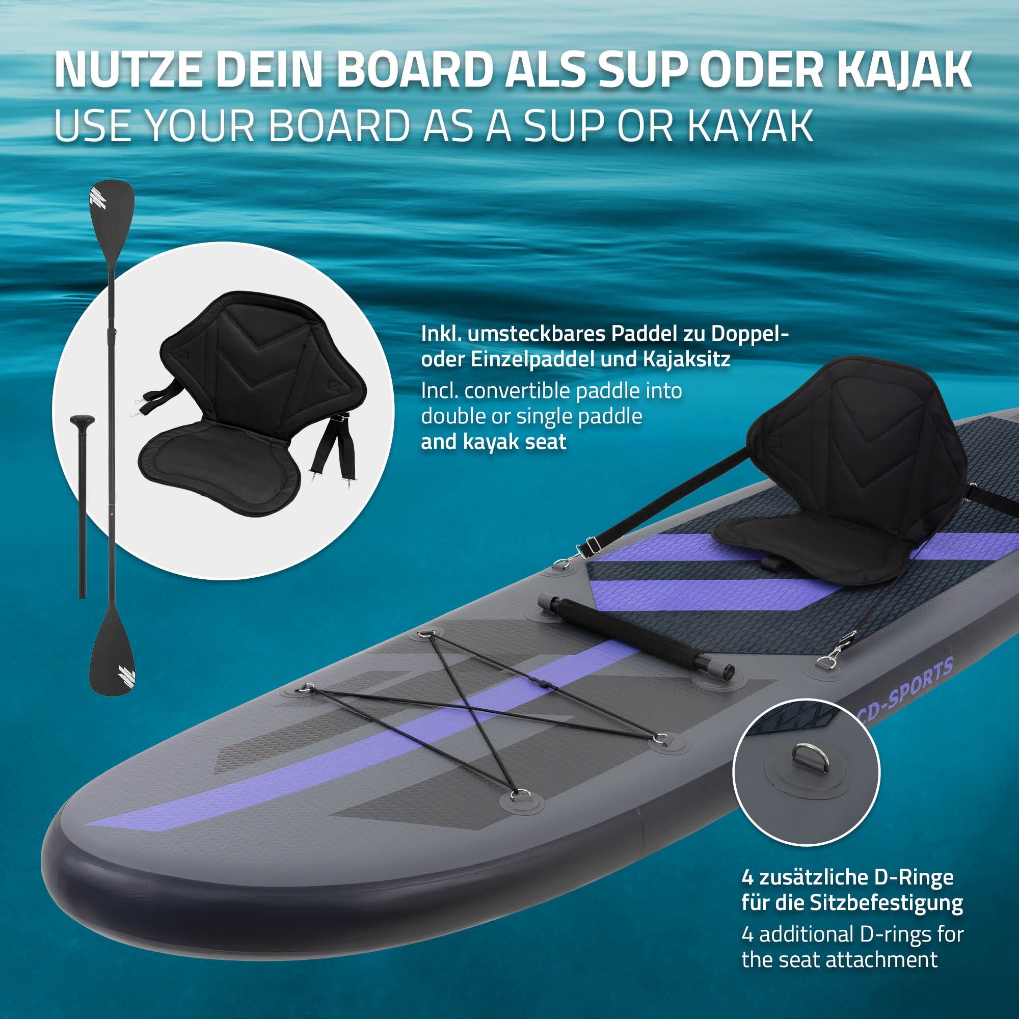 ECD Germany SUP 320x82x15 planche paddle noir siège kayak