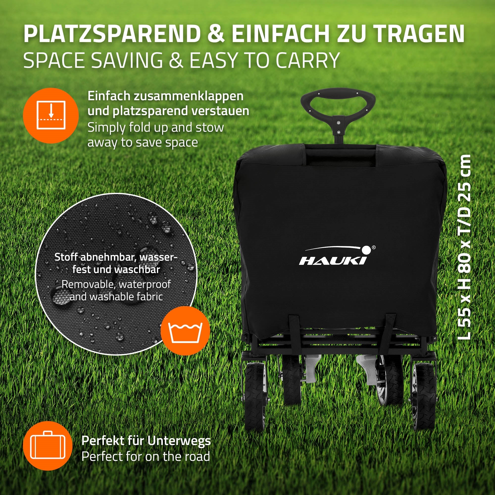 Hauki chariot pliable avec toit noir/gris 120 kg