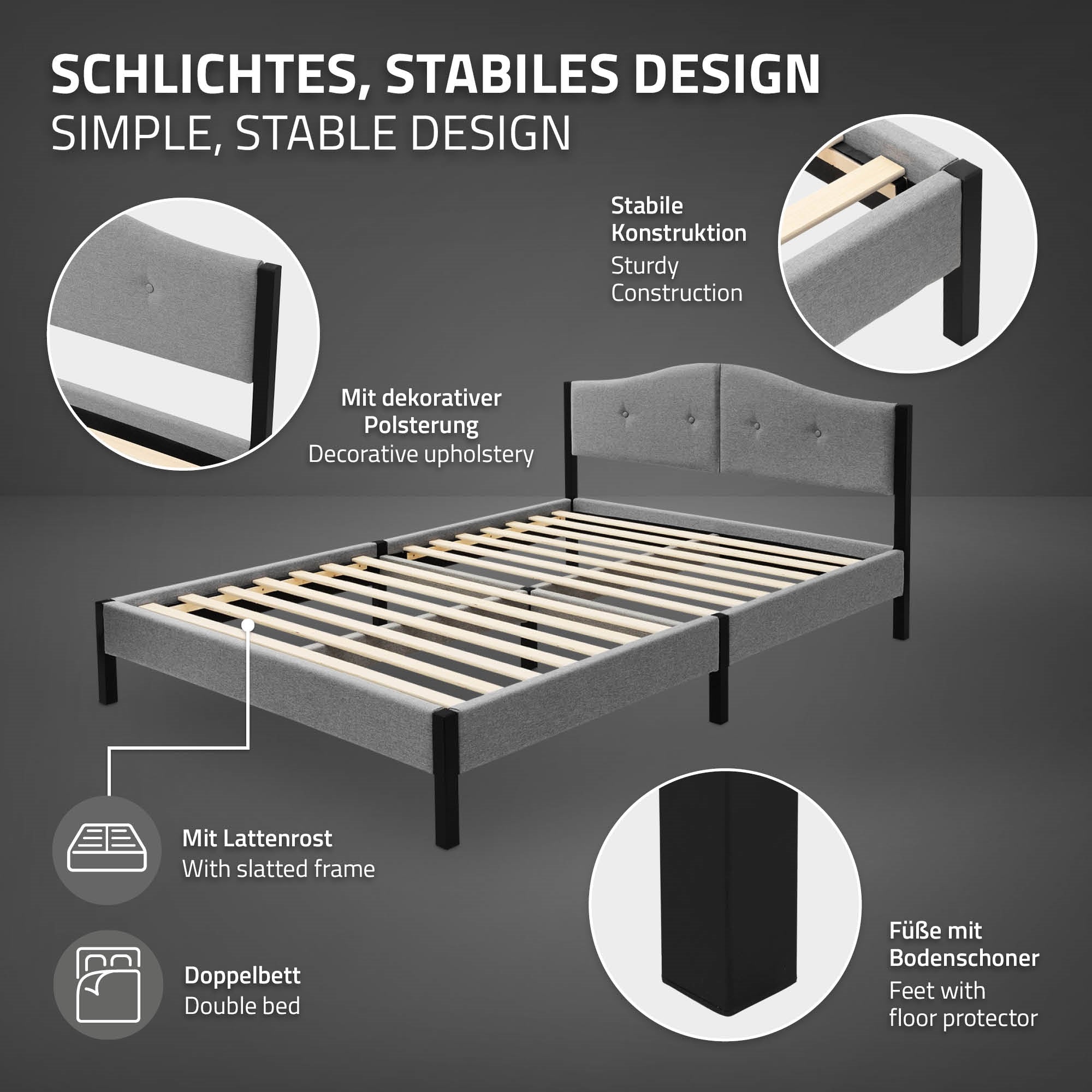 ECD Germany Möbel lit capitonné 140x200 cm gris sans matelas