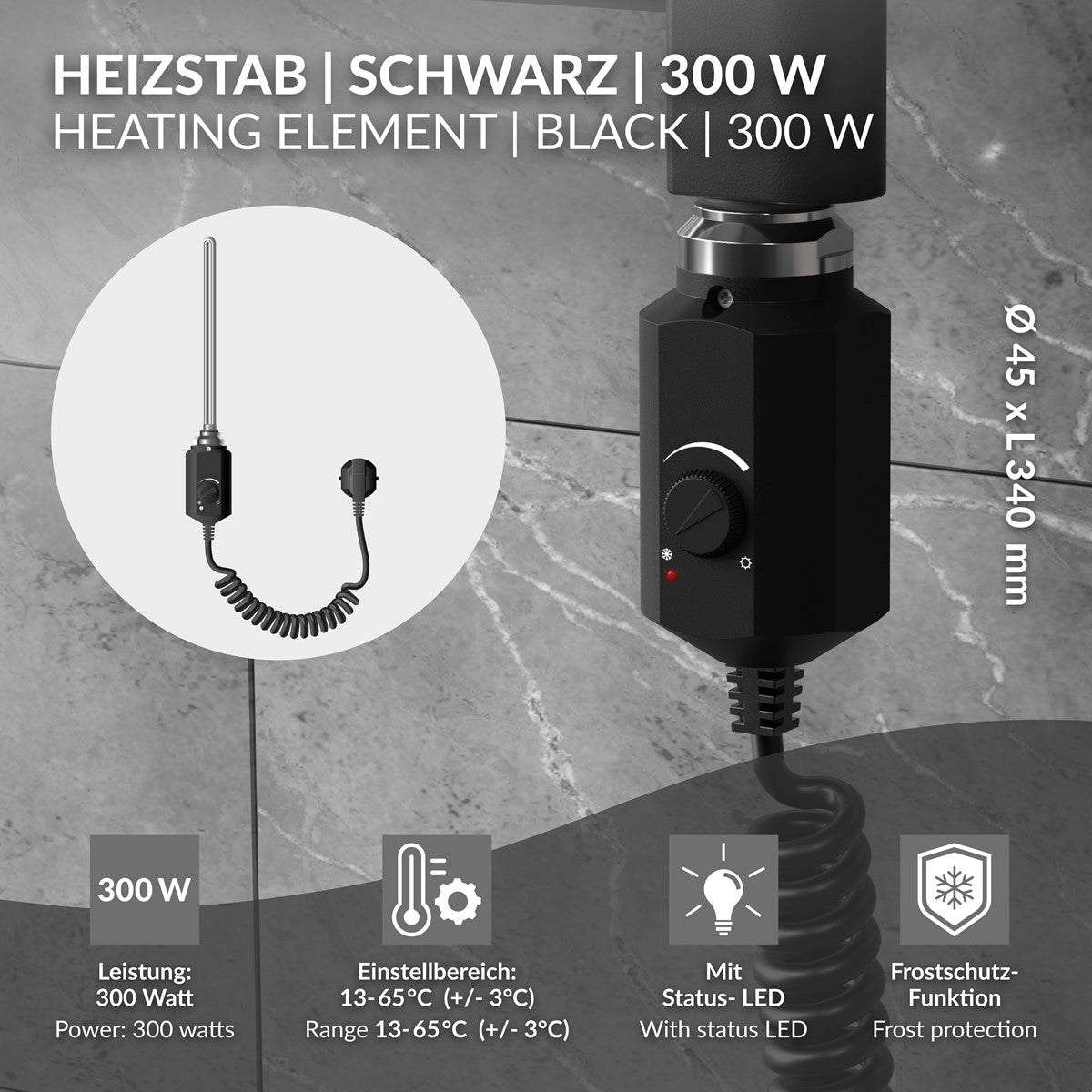 LuxeBath Tige chauffante 300W résistance sèche-serviettes noir