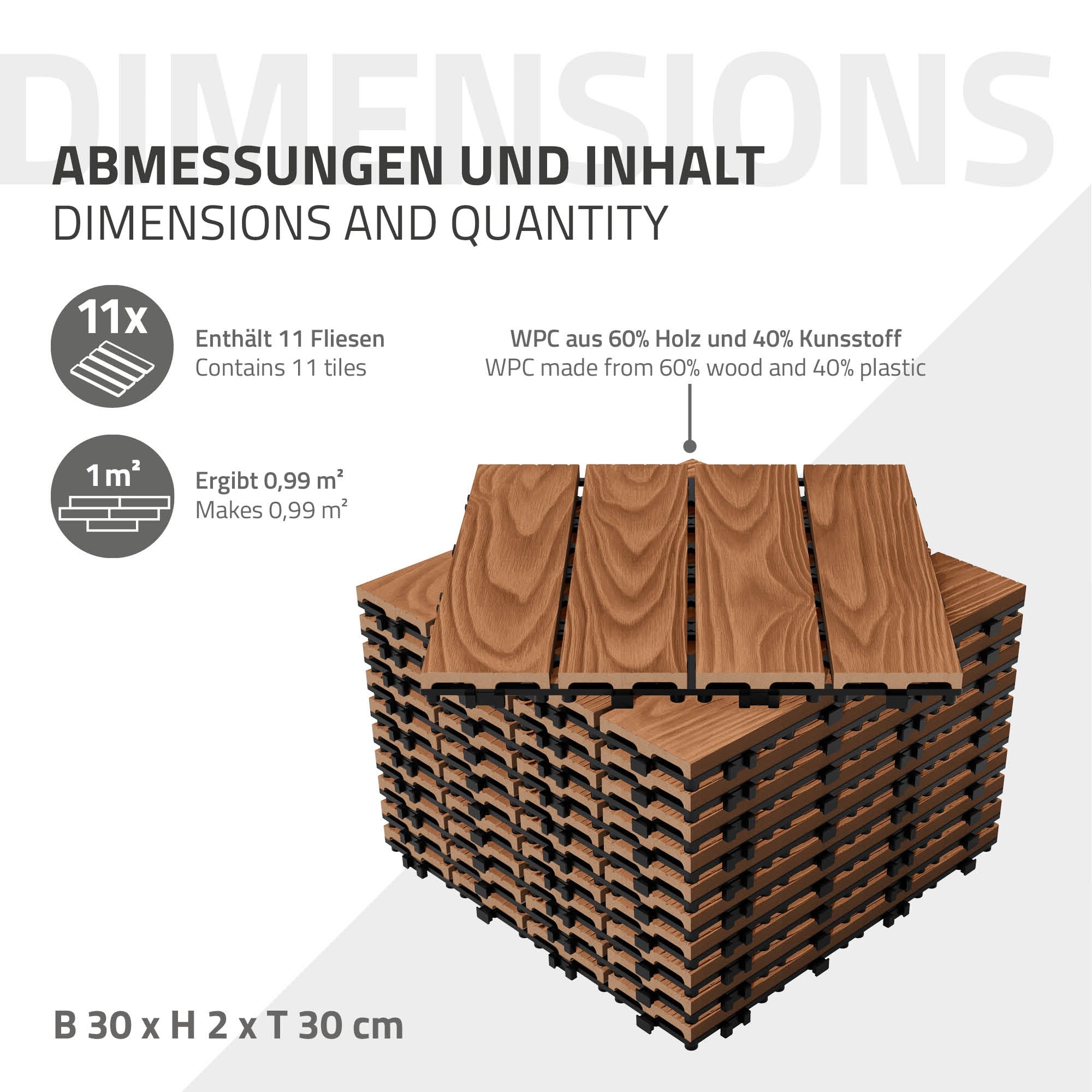 ECD Germany Garten dalle terrasse WPC 30x30 marron clair 33 pcs