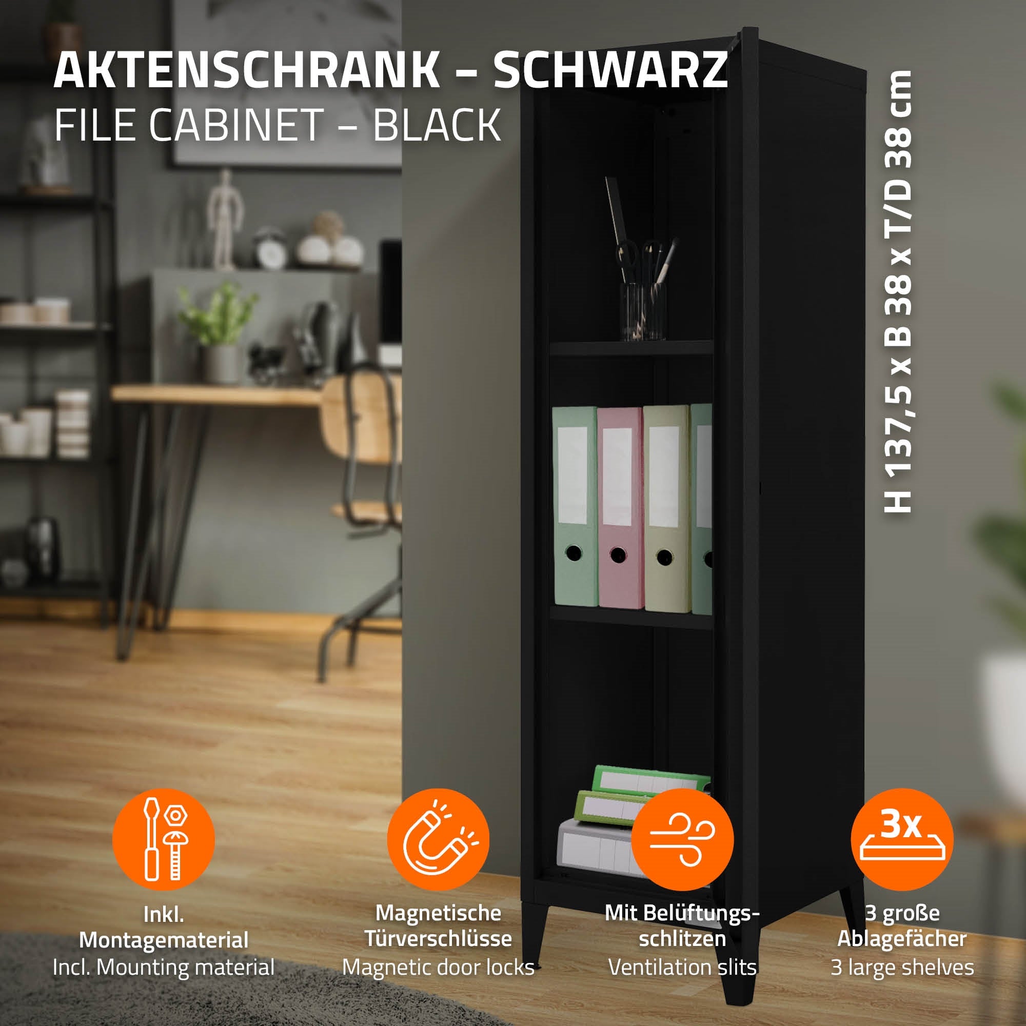 ECD Germany Werkstatt armoire métallique 38x38x137,5 cm noir 1 porte