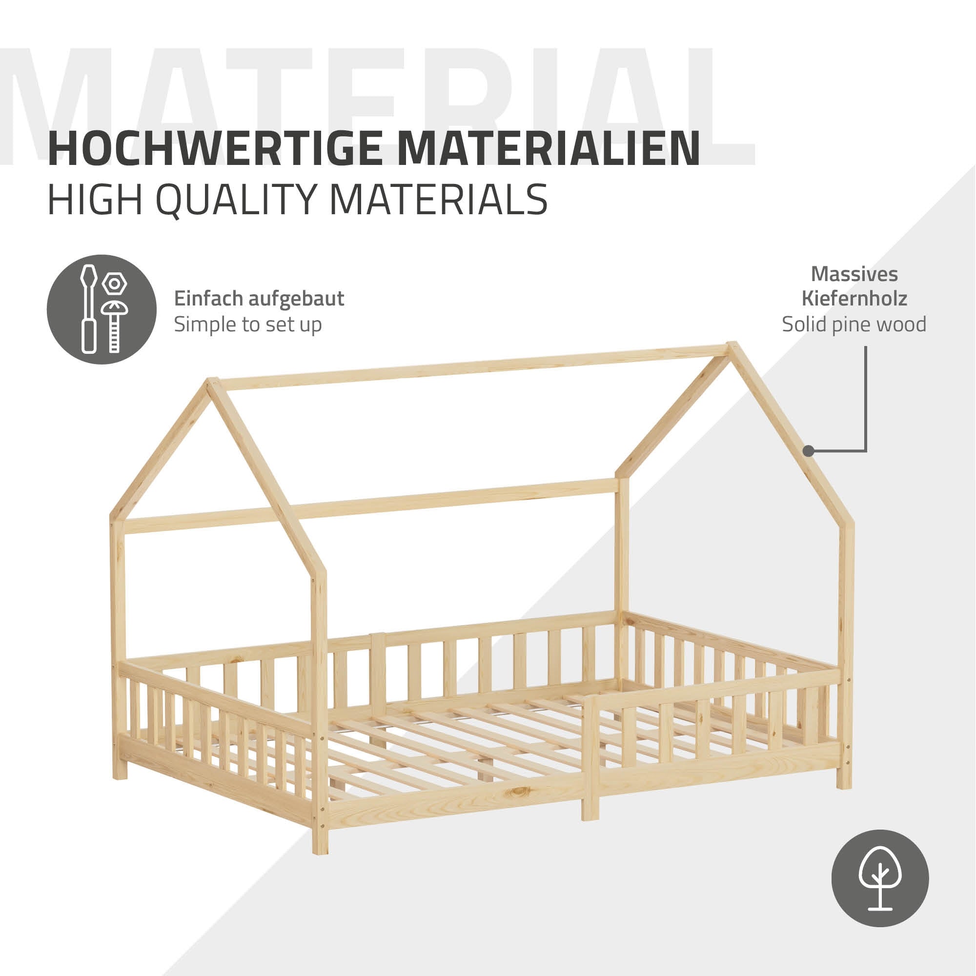 ECD Germany ML-Design lit cabane enfant 140x200 naturel + matelas