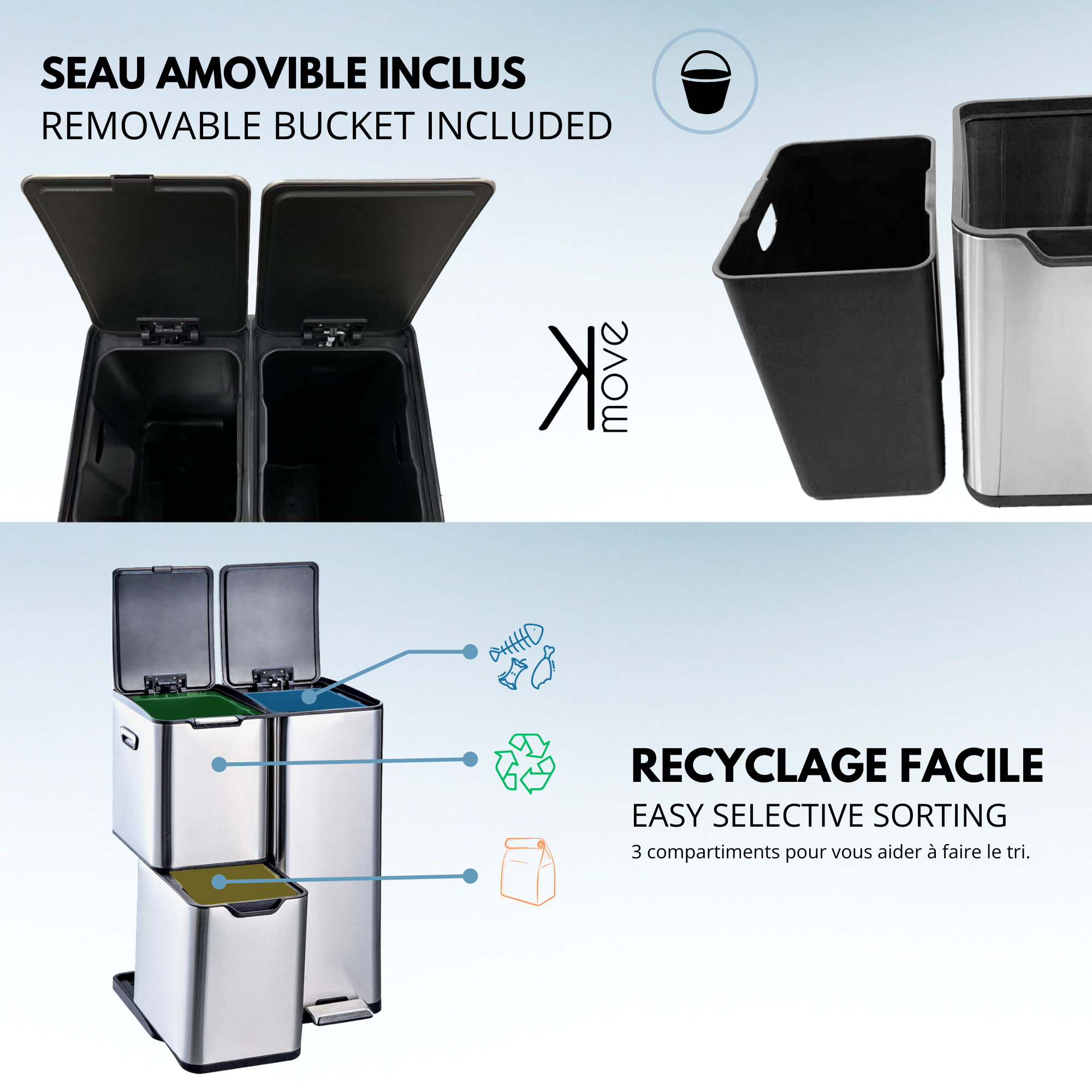 Red Deco Haja 60L poubelle tri 3 bacs inox à pédale