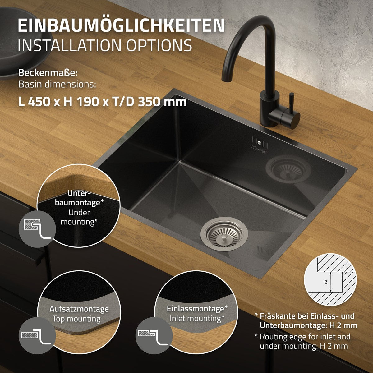 ECD Germany Sanitär Évier inox 50x40 cm anthracite à encastrer
