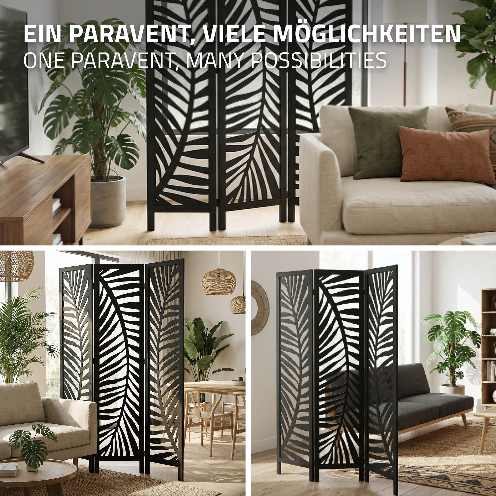 ECD Germany Fukuoka paravent 3 panneaux noir 170x121 cm bois