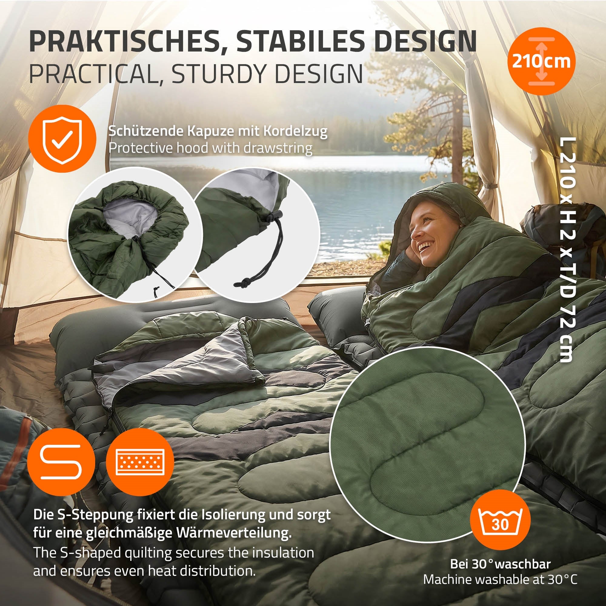 ECD Germany 210 cm sac de couchage kaki 3 saisons déperlant