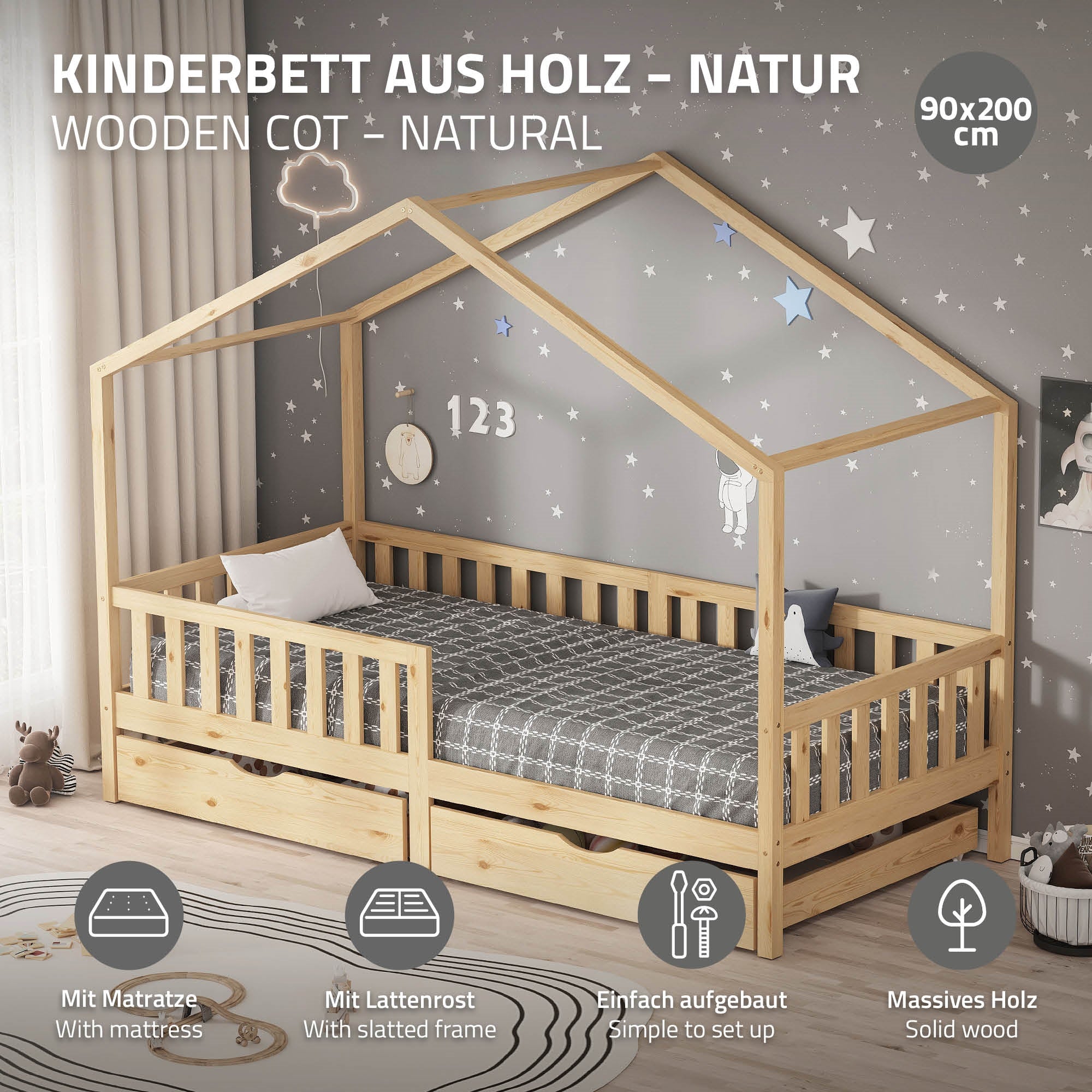 ECD Germany Kinder lit maison 90x200 naturel pin + matelas