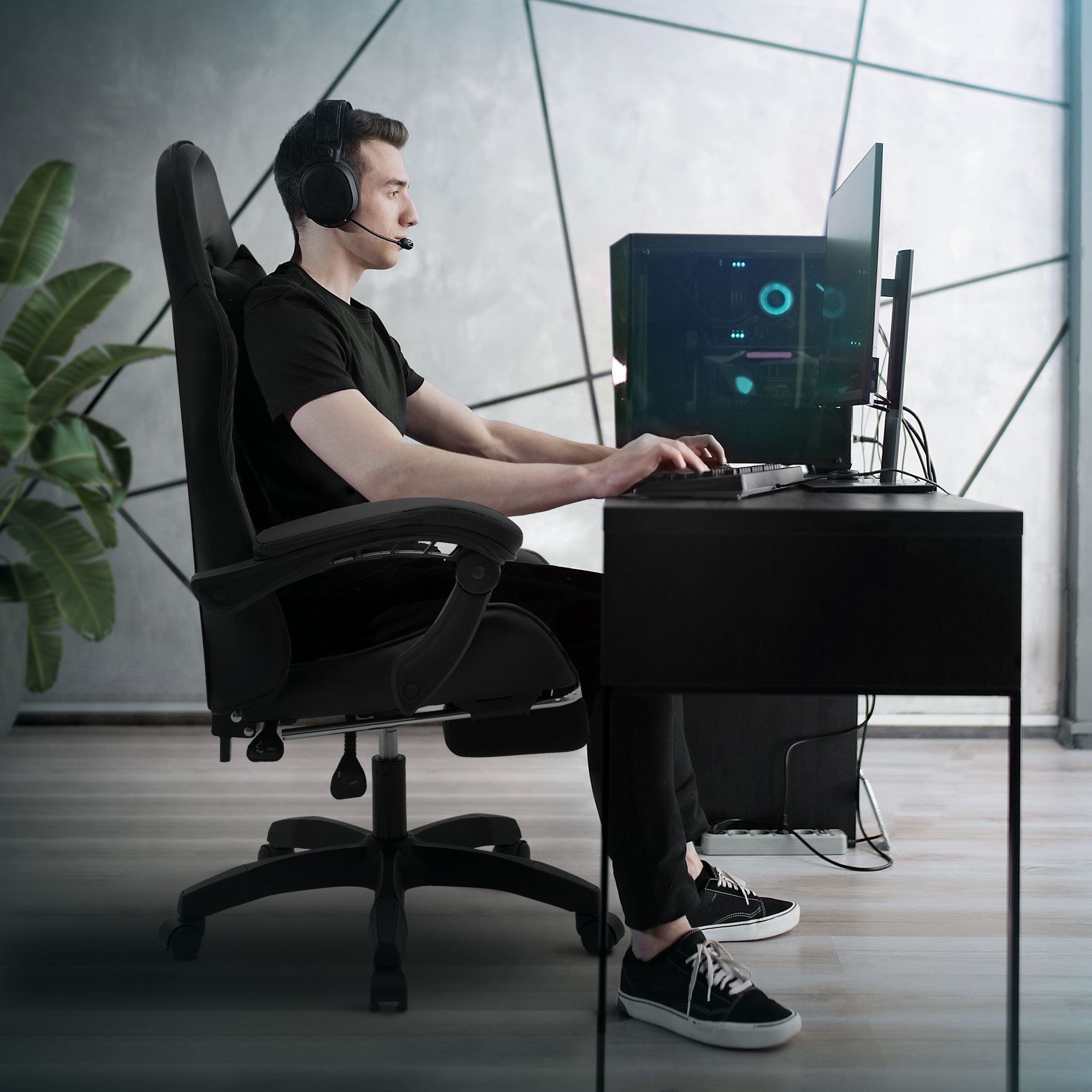 ECD Germany ML-Design chaise gaming noir similicuir repose-pieds
