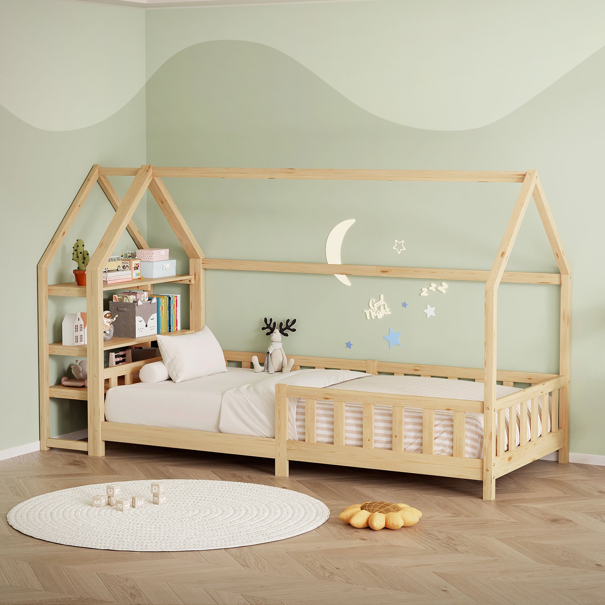 ML-Design lit cabane enfant pin 90x200 barrière étagère sommier