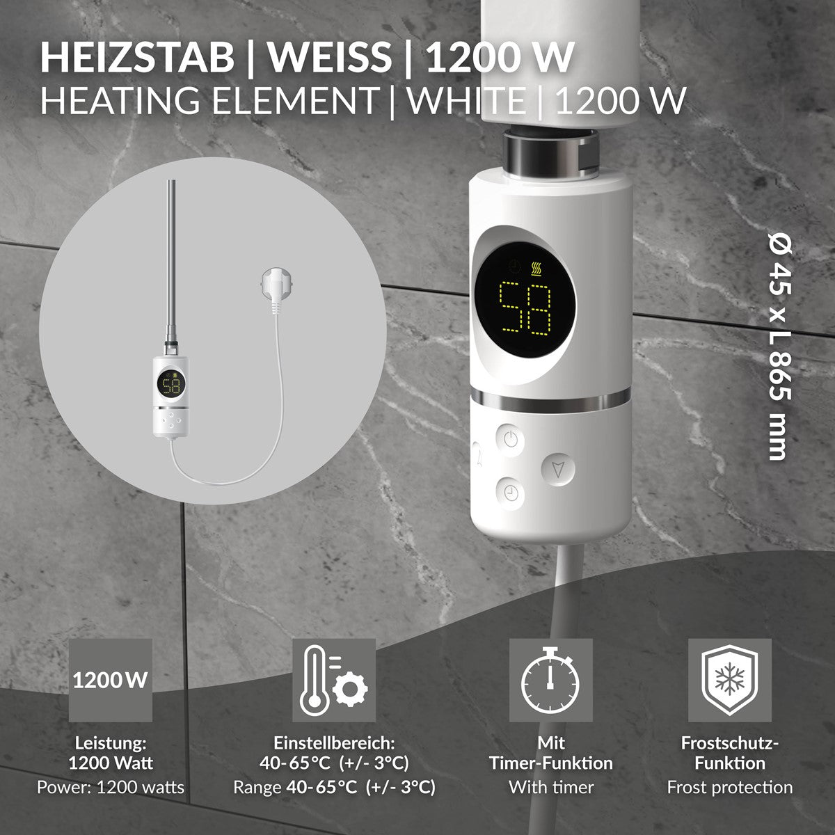 ECD Germany Heizungen Thermoplongeur 1200W blanc thermostat LCD