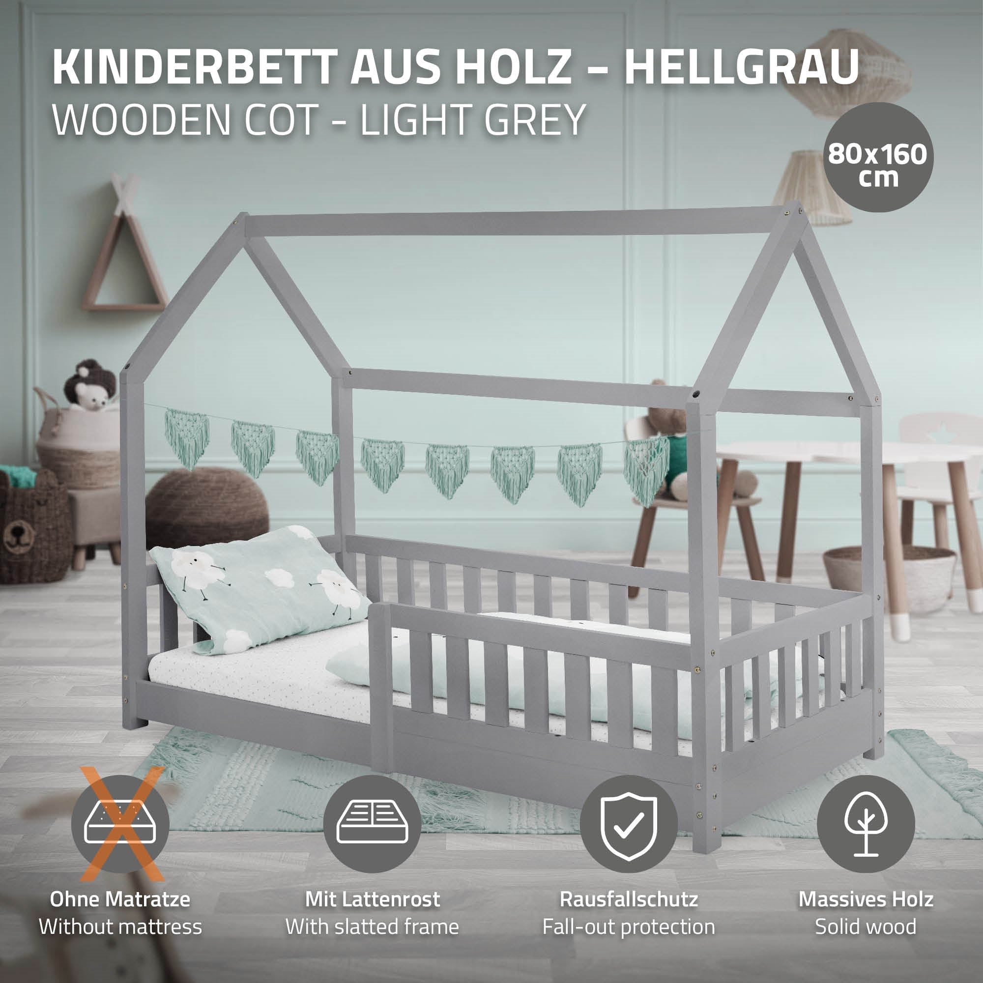 ECD Germany Kinder lit cabane enfant 80x160 gris clair pin B-Ware