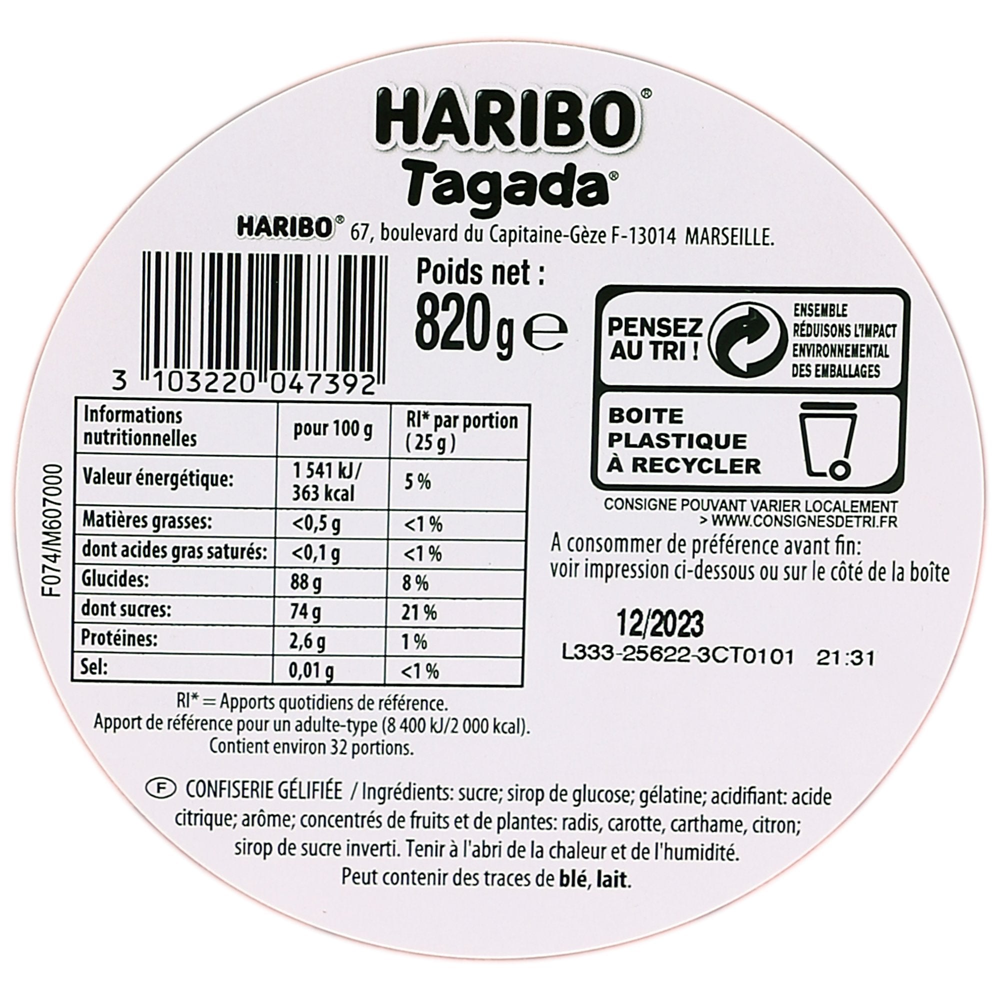 Haribo Tagada Bonbons fraises 1kg