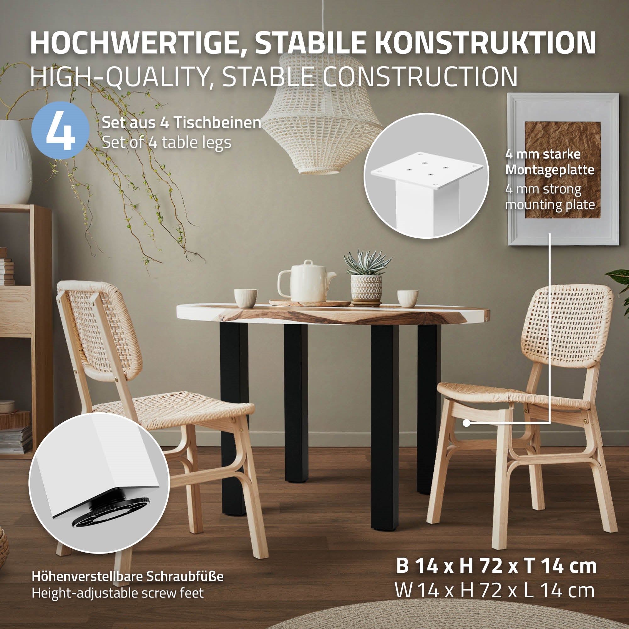 ECD Germany Möbel Pied table métal 72 cm blanc brillant lot 4 acier