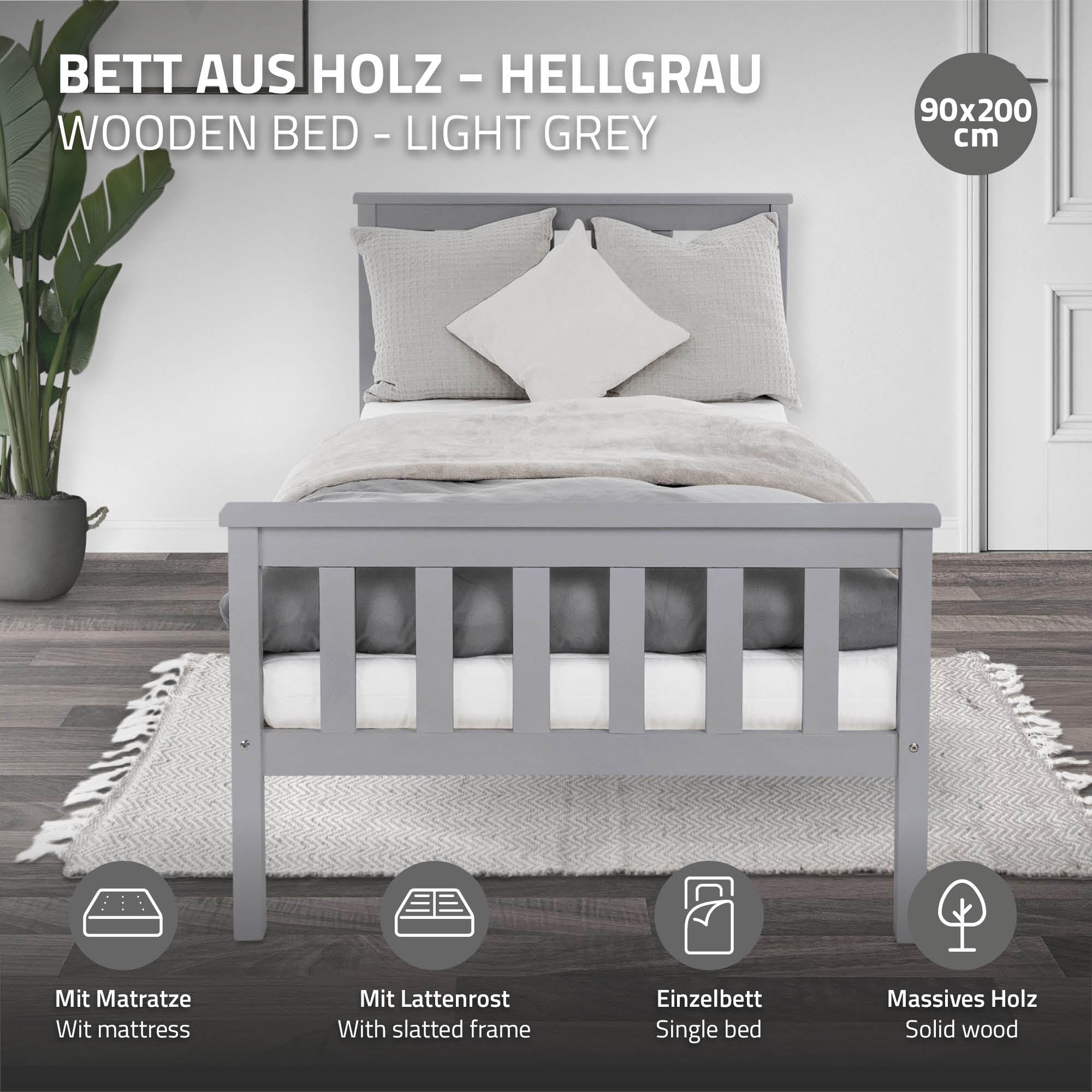 ECD Germany ML-Design lit simple 90x200 pin gris clair matelas 10cm
