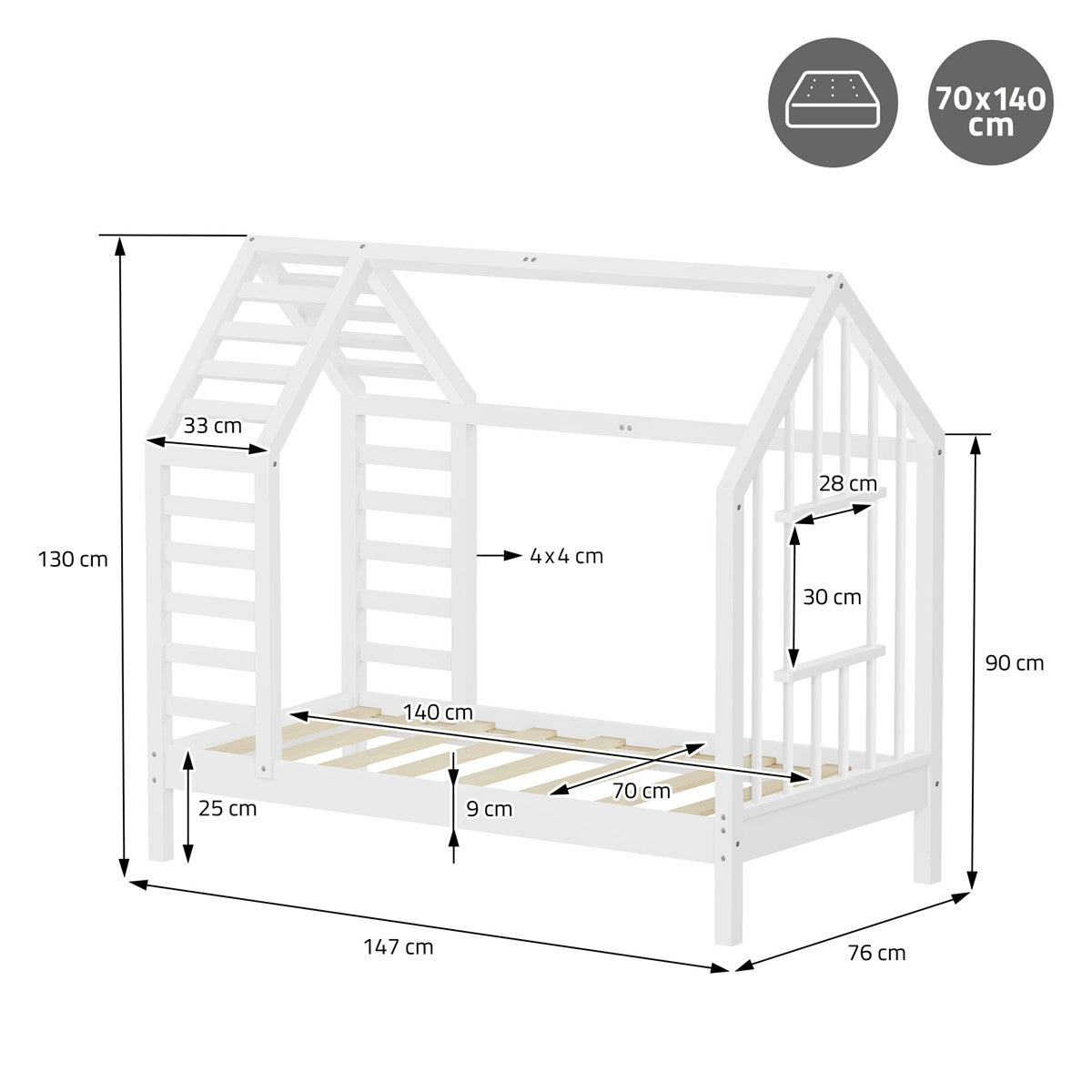 ECD Germany Kinder lit cabane 70x140 blanc pin sommier