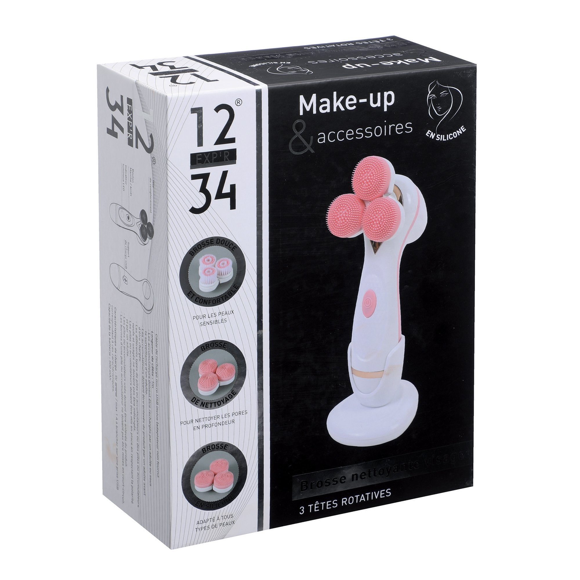 Brosse nettoyante visage 3 têtes silicone et douce