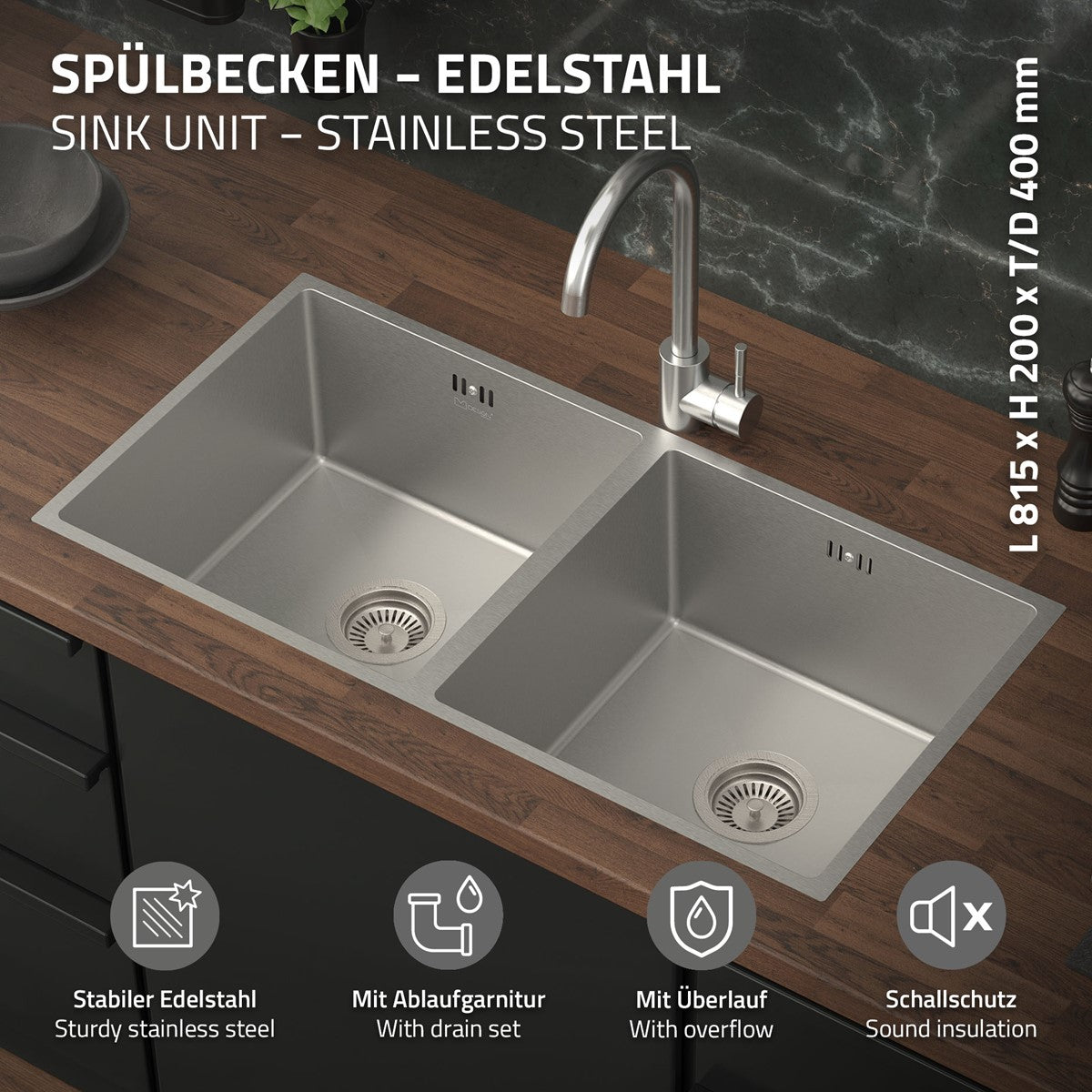 ECD Germany évier cuisine inox 81,5x40 double bac argent
