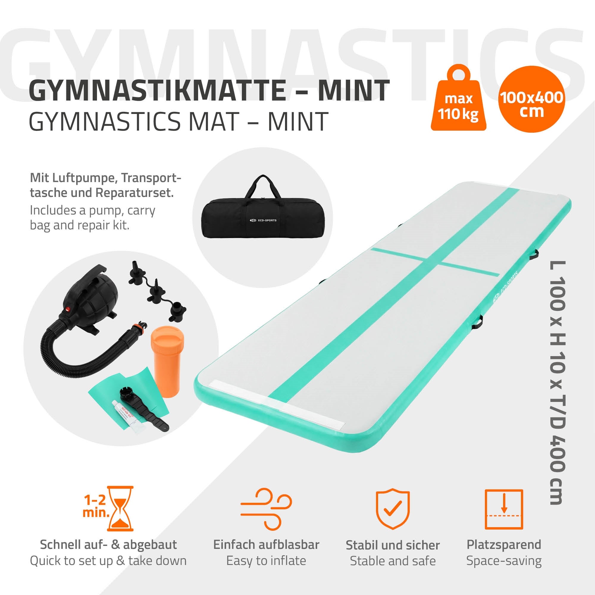 ECD Germany Airtrack tapis gym gonflable menthe 4m pompe