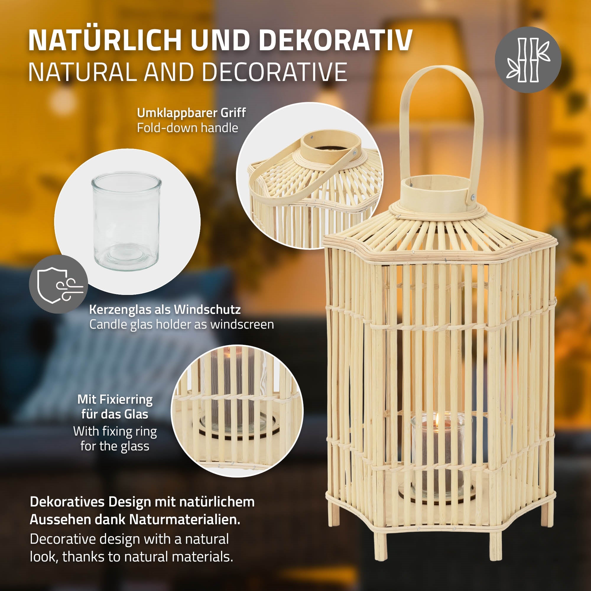 ECD Germany Garten lanterne bambou 60 cm bois tressé