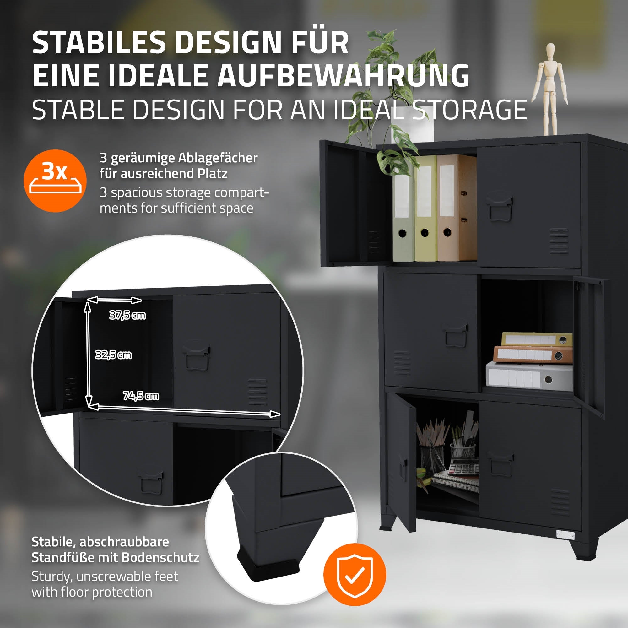 ECD Germany armoire bureau anthracite 75x40x120 cm acier 3 cases